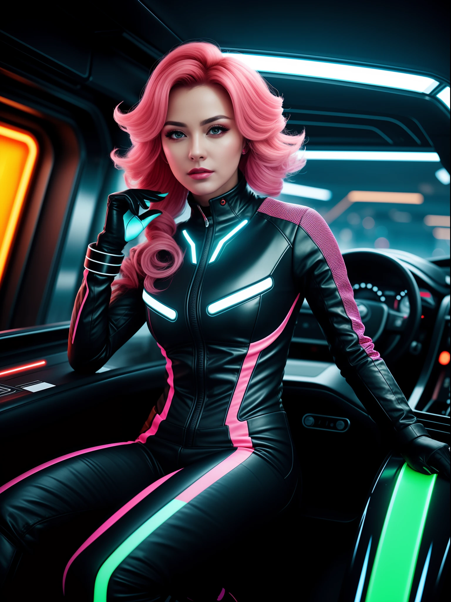 A photo of a woman with a dynamic hairstyle, Cascading curls dyed in a vivid neon color. She wears a futuristic racing suit decorated with a luminous circuit pattern, Reflects her passion for high-speed cyberpunk sports. Located in the cockpit of a stylish hovercar, She leaned forward,Concentration, Her hand rested on the steering control. The track stretched out in front of her, Full of twists and turns, turn, and glowing neon barriers, As she prepares to push her limits in an exhilarating cyberpunk competition. Epic character composition, Sharp focus, and natural lighting. The underground scattering effect adds a touch of ethereal light, And the F2 aperture and 35mm lens create the perfect balance of depth and detail for the 7CY6ER7P0NK9
