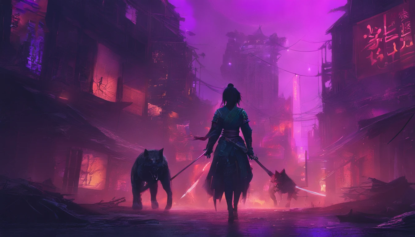 Female samurai with medium boobs riding devil dog in destroyed city，Emits blue-violet light，Glow effects，the night，中景 the scene is，Full body like， highly detailed surreal vfx，oc rendered，Shoot with 70 mm - AR