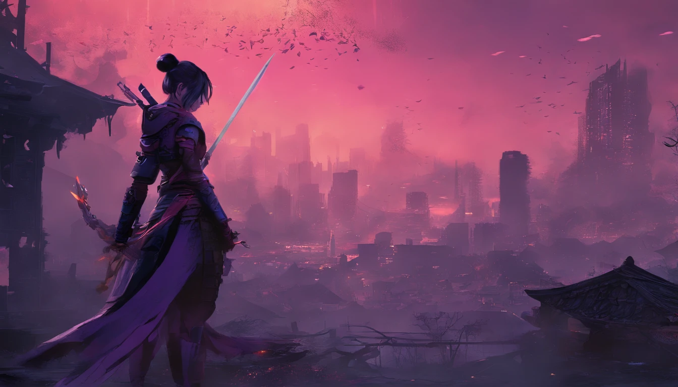 Female samurai with medium boobs riding devil dog in destroyed city，Emits blue-violet light，Glow effects，the night，中景 the scene is，Full body like， highly detailed surreal vfx，oc rendered，Shoot with 70 mm - AR