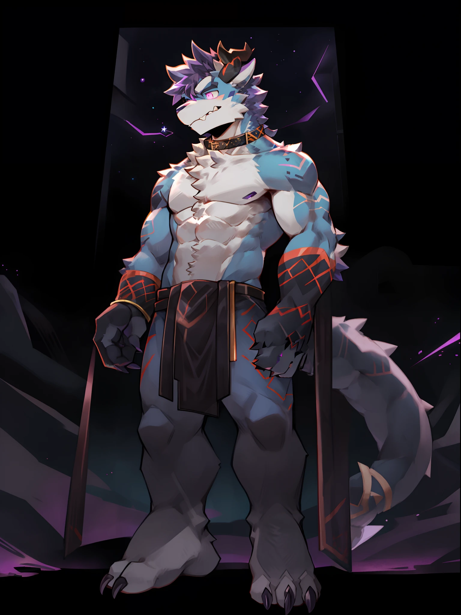 One guy,独奏,Full body like,shaggy male,hairy bodies,Correct anatomy,Detailed double eyes,glowing light eyes,Wearing a naked,Black loincloth,Muscular,cabelos preto e longos,drak,shoun(thin tall body type),male people,There are small horns on the head,black-skinned,,red striped,Purple eye,Evil God,glowing light eyes,Sharp claws,with light glowing,Star eyes,Cute meat pad,Collar,adolable,Handsome,Evil charm,haughty,Large dragon tail,The whole body is like from head to toe,The Void,purple palace,Standing brainwashing,tongue stickout,The liquid runs down the lower gear,Love,Character subjects