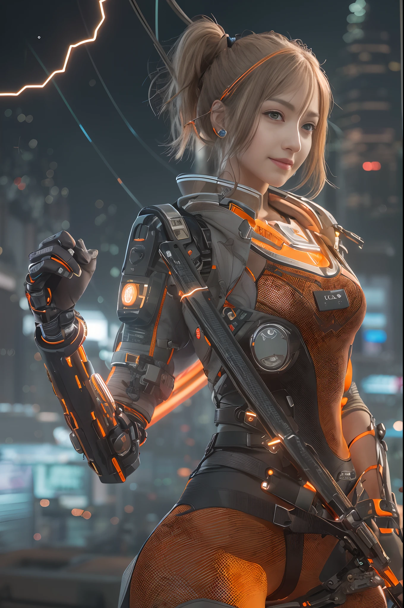 Cybernetic arm and glowing cyber girl,(J Women's Uniform,a sailor suit,White skirt,),Strenuous movements,Add a motion blur effect to simulate motion,Stand on a post-apocalyptic battlefield cityscape.Surrounded by a network of wires. Surrounded by a web of circuits. (Cyber Girl with Orange Glowing Sword:1.3), glossy light brown and orange two-tone color,,short-hair,disheveled ponytail,Cute smile,Perfect round face,Black eyes,A cheerful smile that makes the viewer happy,Proper body proportion,Intricate details,Very delicate and beautiful hair,photos realistic,Dreamy,Professional Lighting,realistic shadow,Solo Focus,Beautiful hands,Beautiful fingers,Detailed finger features,detailed clothes features,Detailed hair features,detailed facial features,(masutepiece,top-quality,Ultra-high resolution output image,) ,(The 8k quality,),Science fiction fantasy