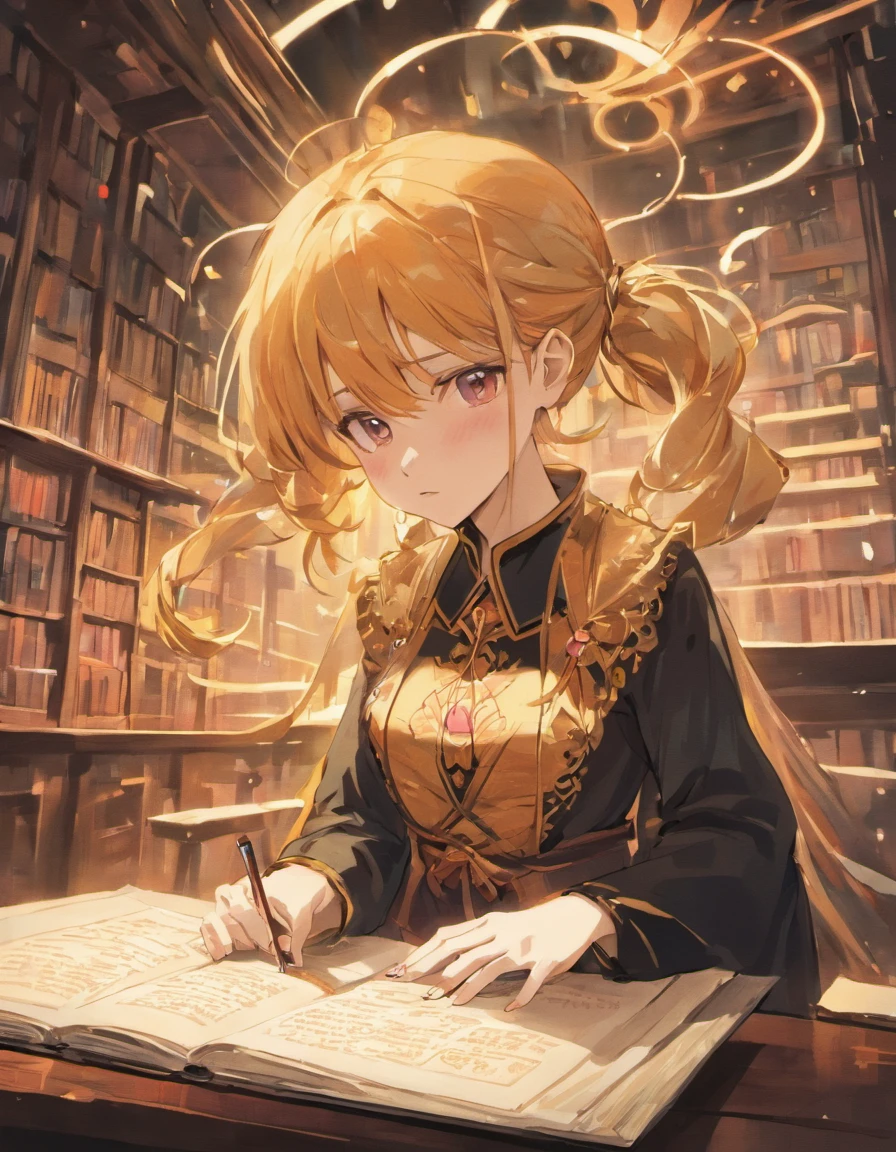 Garota loira de costa (fundo da imagem)(corpo inteiro), na biblioteca, Open book in the hands