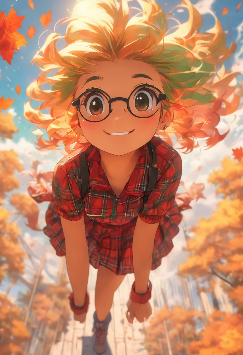(Masterpiece), (kawaii:1.4), A girl, smiles,(Green tartan plaid dress in Red-orange Based on Wind breaker:1.2)open in front, (not large tasty, Small breasts), (deep blue eyes), (Pale green hair, Short hair, forehead, Small pigtails), (red-half-rimed glasses), shot from the grand, from below, dynamic Pose, autumn background, Ultra-detailed background, high contrast, autumn sky, autumn clouds, sitting on a pavilion looking at the sky. Calm atmosphere, gentle smiles, mild climate.