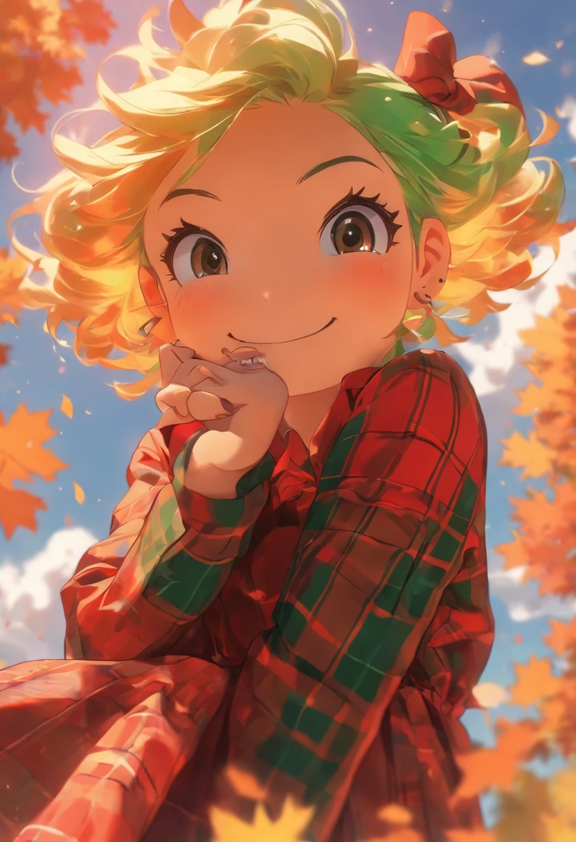 (Masterpiece), (kawaii:1.4), A girl, smiles,(Green tartan plaid dress in Red-orange Based on Wind breaker:1.2)open in front, (not large tasty, Small breasts), (deep blue eyes), (Pale green hair, Short hair, forehead, Small pigtails), (red-half-rimed glasses), shot from the grand, from below, dynamic Pose, autumn background, Ultra-detailed background, high contrast, autumn sky, autumn clouds, sitting on a pavilion looking at the sky. Calm atmosphere, gentle smiles, mild climate.
