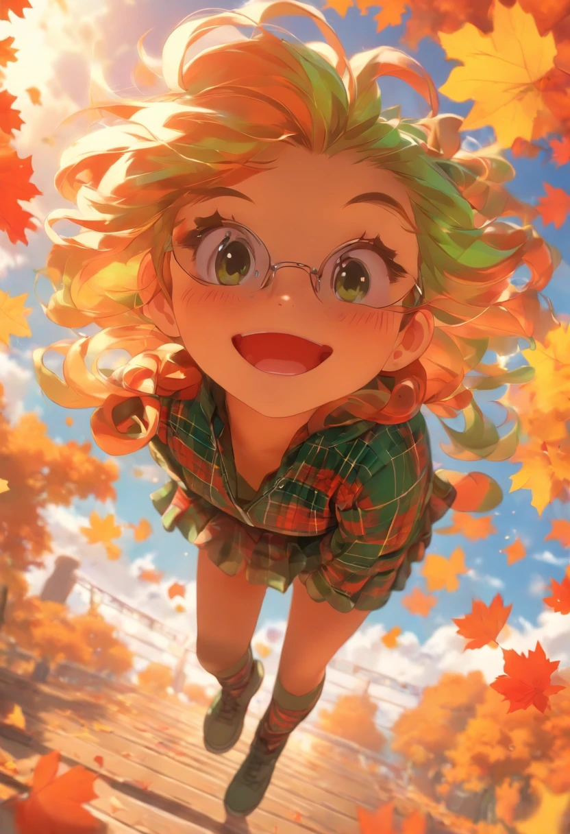 (Masterpiece), (kawaii:1.4), A girl, smiles,(Green tartan plaid dress in Red-orange Based on Wind breaker:1.2)open in front, (not large tasty, Small breasts), (deep blue eyes), (Pale green hair, Short hair, forehead, Small pigtails), (red-half-rimed glasses), shot from the grand, from below, dynamic Pose, autumn background, Ultra-detailed background, high contrast, autumn sky, autumn clouds, sitting on a pavilion looking at the sky. Calm atmosphere, gentle smiles, mild climate.