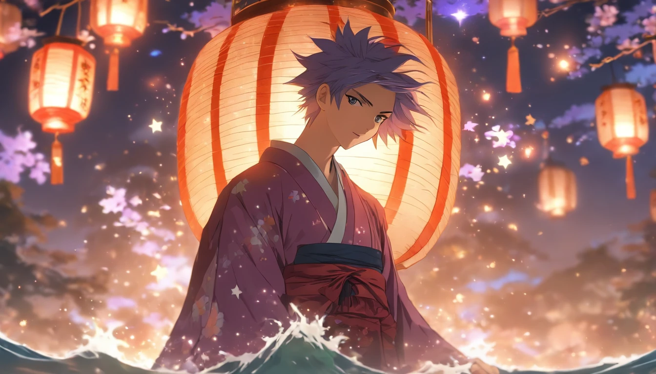 Detailed snapshot, low key lighting, Young man in kimono with skirt, short purple hair, Lantern in hand, Stars fall in the background, A young man stands on the water