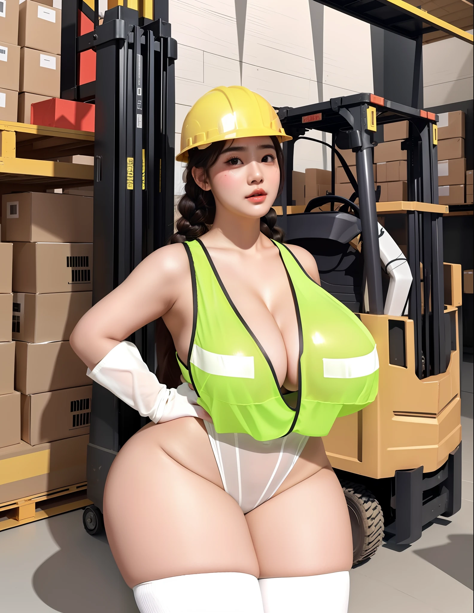 An Idol k-pop girl, (cute face:1), (lewd face:1), braid hair, intricate face details, detailed face, golden ratio face, ((huge breasts:1)), ((large breasts:1)), ((giant breasts:1)), ((big breasts:1)), ((slim waist:1)), ((big butt:1)), ((big hip:1)), ((big thighs:1)), ((thick thighs:1)), ((intricate hands:1)), ((detailled hands:1)), ((intricate feets:1)), ((detailled feets:1)), (polished skin:1,9), (sweaty:1,9), (thicc:1), (erotic:1), (perverted:1), (she is sexually aroused:1), (full body:1), (look at viewer:1), 64K, UHD, HDR, global illumination, (high quality, high detailed, hyper detailed, extremely detailed), photo realistic, ultra realistic, art photo, (clarify the details, detailed parts body), intricate artwork masterpiece, trending on artstation, (drunk face), standing, safety vest, safety helmet, forklift, long socks, long gloves, the boxes