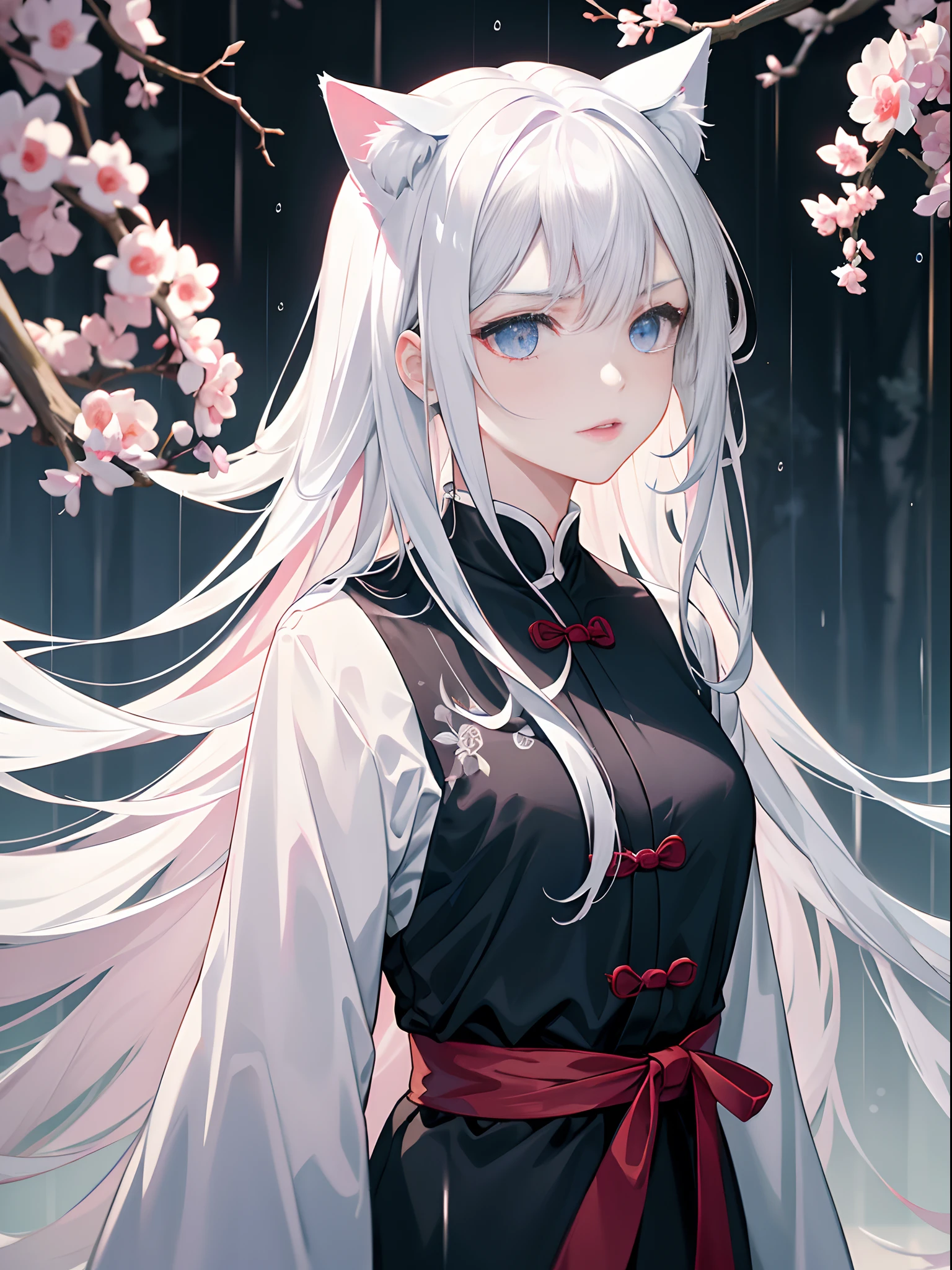 Masterpiece, Super Class, Night, Outdoor, Rainy Day, Branches, Chinese Style, Ancient China, 1 girl, young girl, Silver-White Long-Haired Woman, Gray-Blue Eyes, Pale Pink Lips, Indifference, Seriousness, Bangs, Assassin, Sword, White Clothes, Blood, Blood, Violence, Death, Injury, Blood, Facial Bloodstain, Facial Details, Facial Details, cat ears