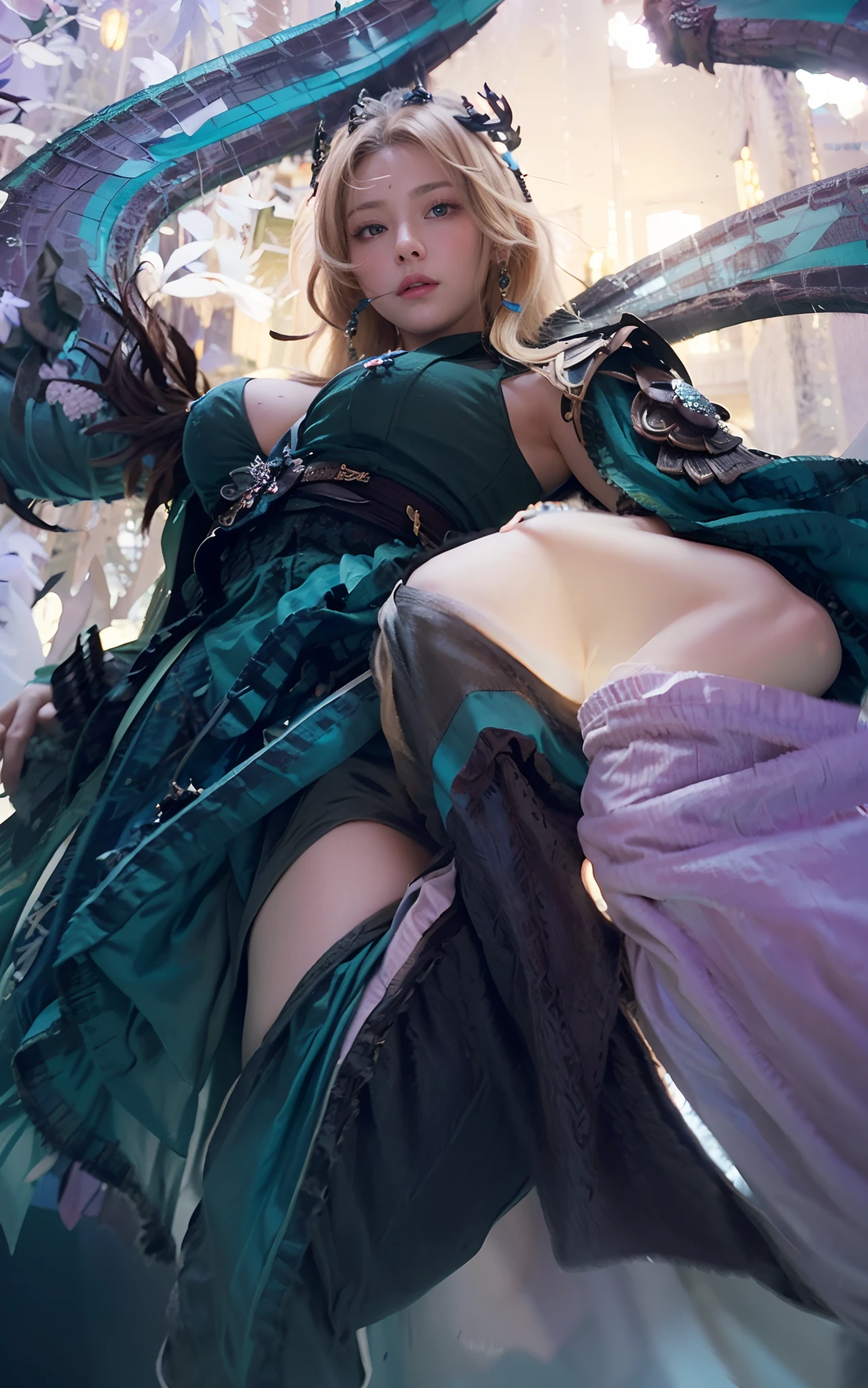 a close up of a woman,blonde hair, green dress, big boobs, shadowbringers cinematic, 4 k detail fantasy, a beautiful fantasy empress, game cg, xianxia fantasy, xianxia hero, 2. 5 d cgi anime fantasy artwork, cinematic goddess close shot, ruan jia and artgerm, wow 4 k detail fantasy, hyperdetailed fantasy character