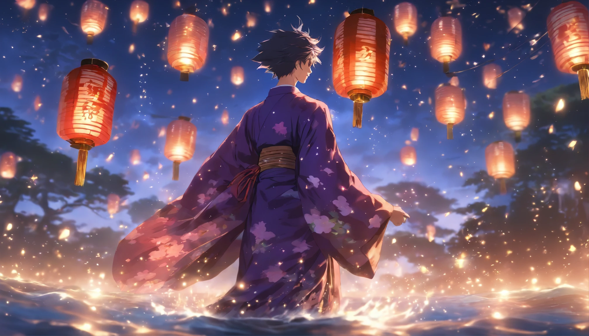 Detailed snapshot, low key lighting, Young man in kimono with skirt, short purple hair, Lantern in hand, Stars fall in the background, A young man stands on the water