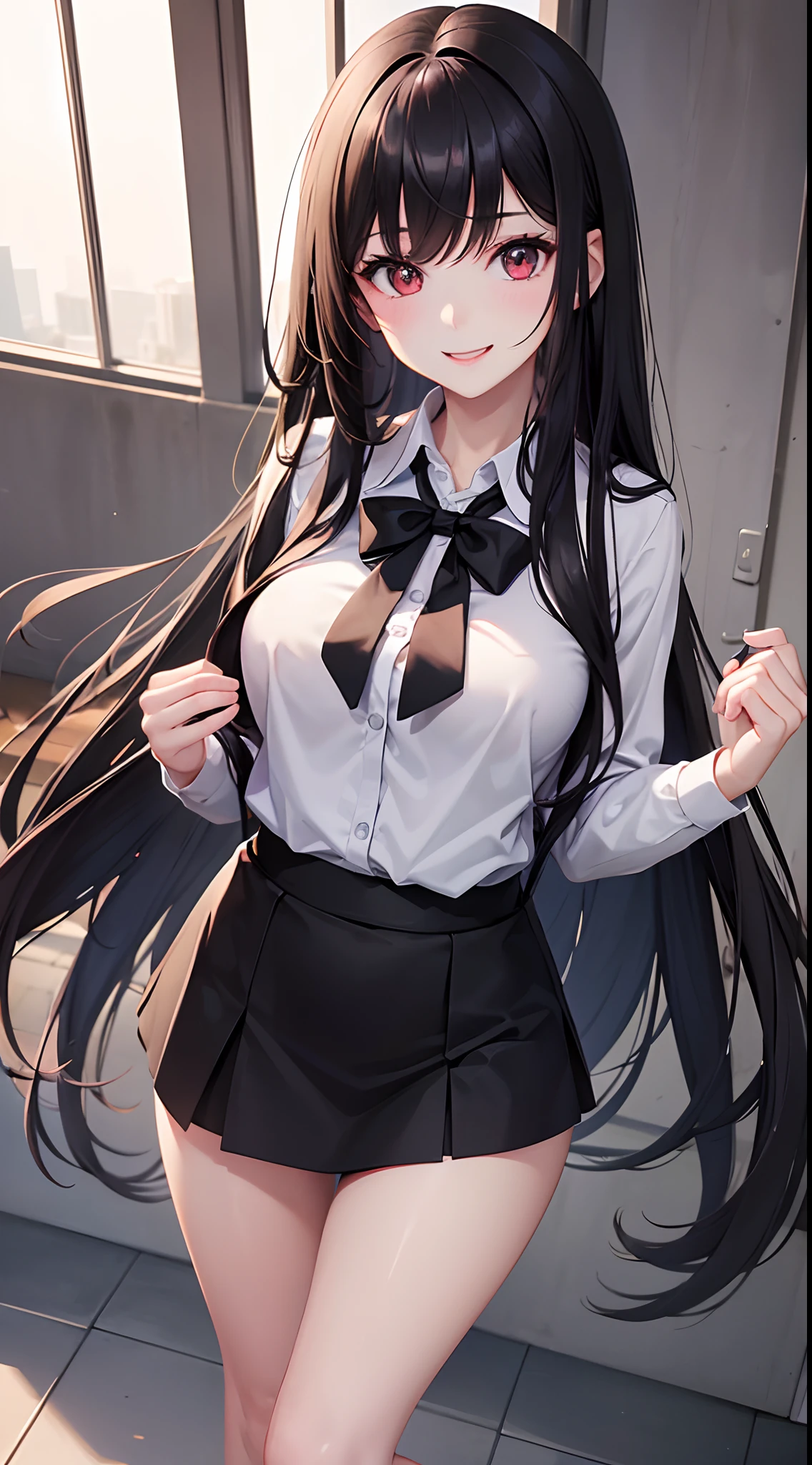 Height 168 cm，Upper bust circumference 92 cm，Waist 61cm，Hip circumference 92 cm，E cup，Black waist-length hair，Light blue eyes，ssmile，Whole body diagram，adolable，Japan High School Girl，校服