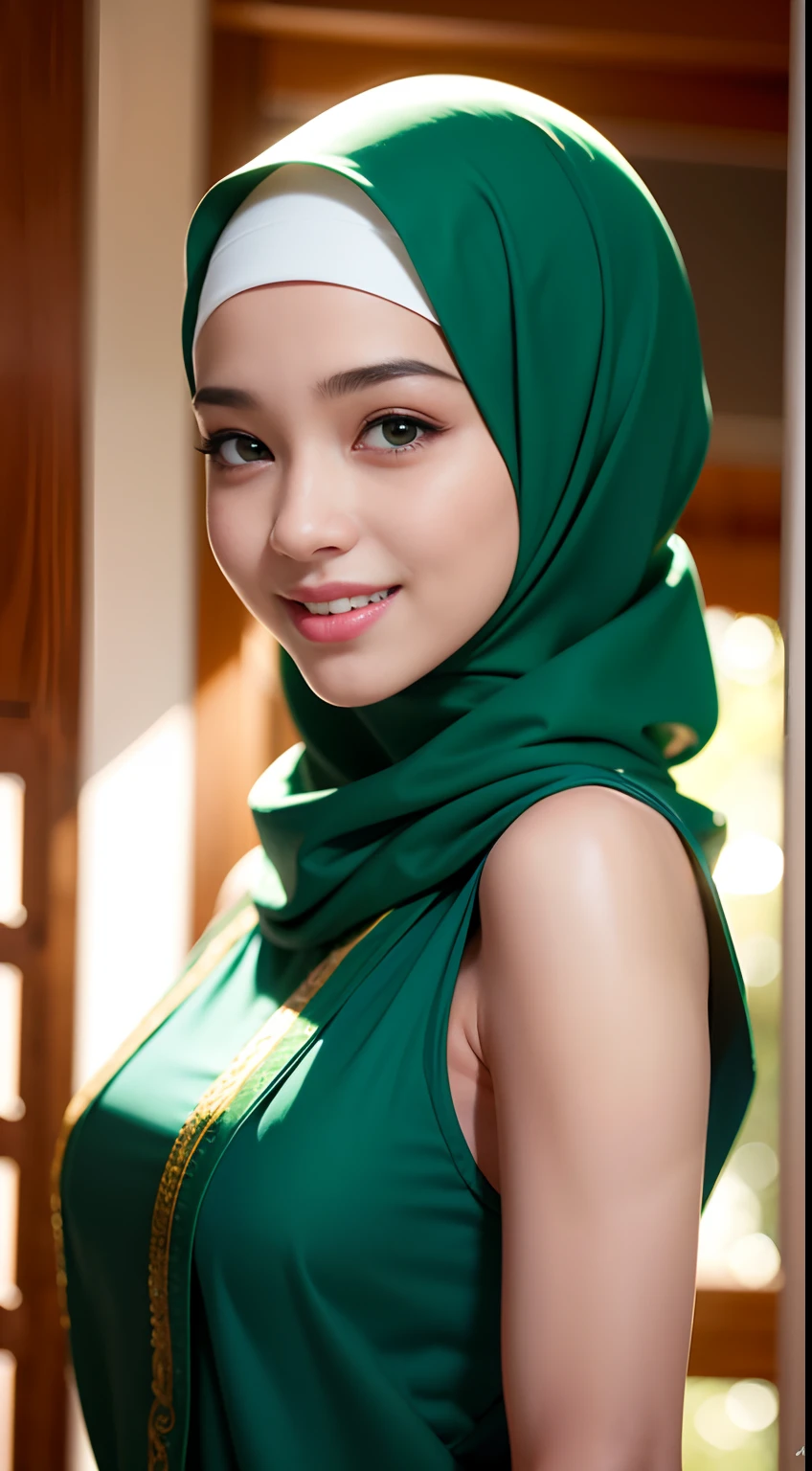 night scene, close up photo of a sexy naked malay girl with hijab, closes mouthSmile happily,big eye,posing, (ultra sharpness),look at a camera and smile, green pastel hijab, (green eyes:0.8), cute young face, 18 yo, soft volumetric lights, (backlit:1.3), (cinematic:1.3), intricate details, (ArtStation:1.2),