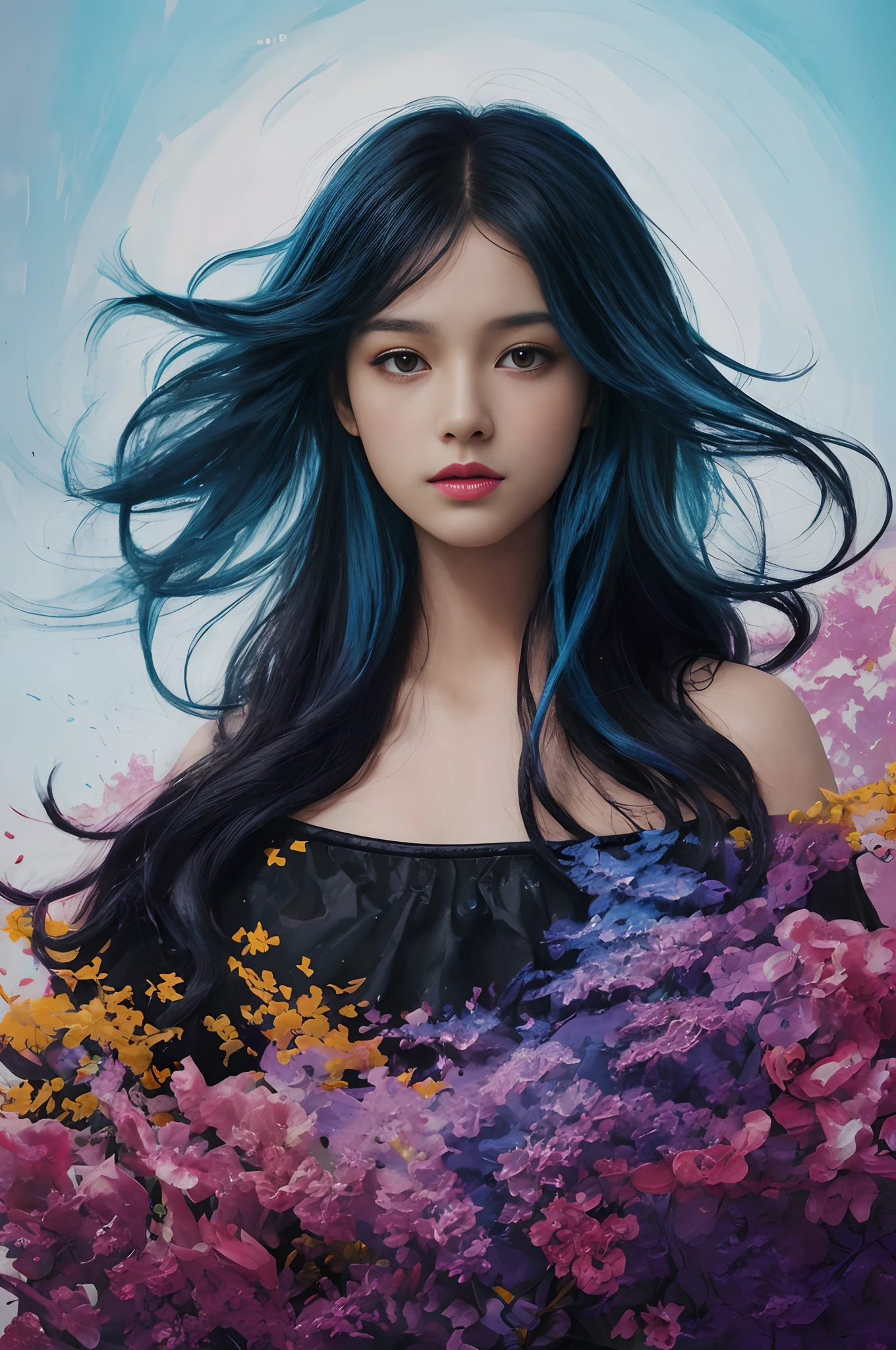 Colorful beautiful girl: a giru 8-years old, messy hair, oil painting, nice perfect face with soft skinice perfect face, blue yellow colors, light purple and violet additions, light red additions, intricate detail, splash screen, 8k resolution, masterpiece, cute face,artstation digital painting smooth veryBlack ink flow: 8k resolution photorealistic masterpiece: intricately detailed fluid gouache painting: by Jean Baptiste Mongue: calligraphy: acrylic: watercolor art, professional photography, natural lighting, volumetric lighting maximalist photoillustration: by marton bobzert:, complex, elegant, expansive, fantastical, wavy hair, vibrant