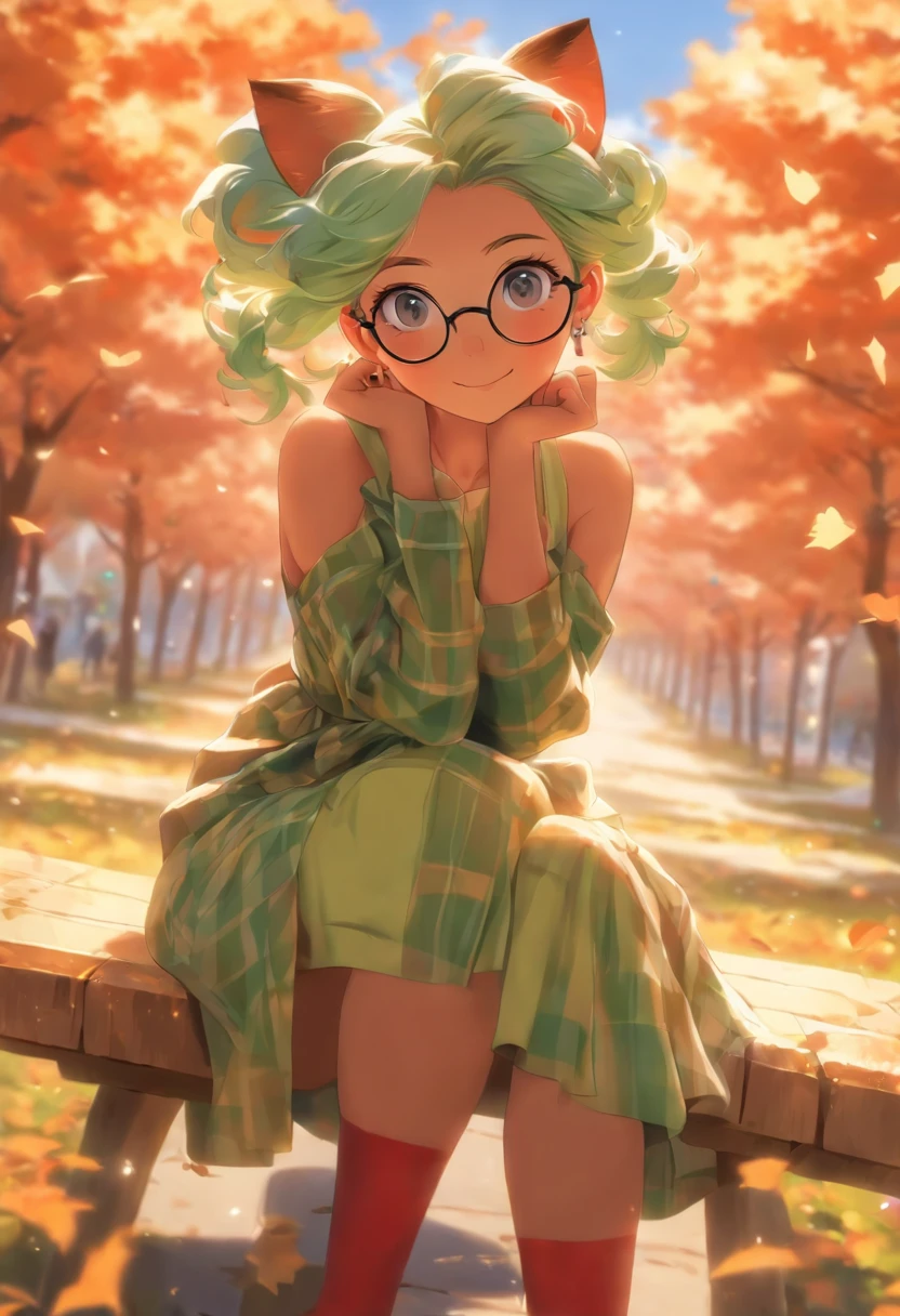 (Best quality), (masterpiece:1.3), (Animated Style Illustration:1.36), ultra-detailed, (not large tasty, Small breasts), Argyle Plaid high-waisted long dress in short Thin outfits, wide short sleeves, cat ear, (deep blue eyes), (Pale green hair, Short hair, out the forehead, Small pigtails), (red-half-rimed circle-glasses), Sitting on a park bench, Tote bag is carried in front of the body, Cheerful, happy, parted lips, background: beginning of autumn, blue sky, tearing clouds, Detailed background description. Front light,