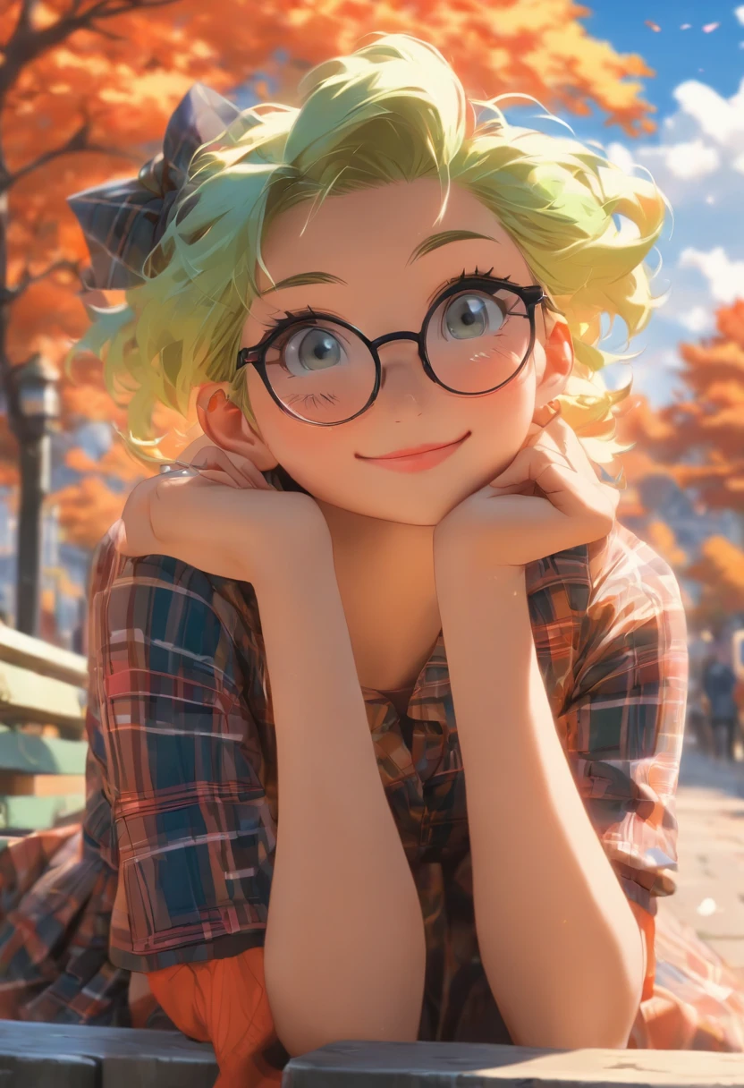 (Best quality), (masterpiece:1.3), (Animated Style Illustration:1.36), ultra-detailed, (not large tasty, Small breasts), Argyle Plaid high-waisted long dress in short Thin outfits, wide short sleeves, cat ear, (deep blue eyes), (Pale green hair, Short hair, out the forehead, Small pigtails), (red-half-rimed circle-glasses), Sitting on a park bench, Tote bag is carried in front of the body, Cheerful, happy, parted lips, background: beginning of autumn, blue sky, tearing clouds, Detailed background description. Front light,