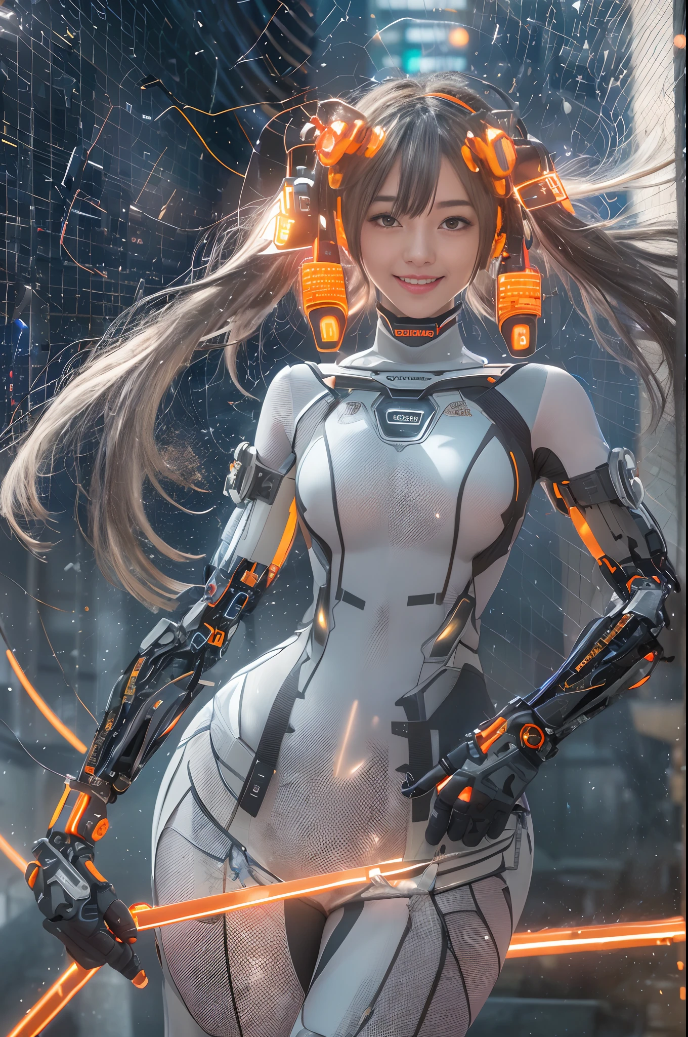 Cybernetic arm and glowing cyber girl,(J Women's Uniform,a sailor suit,White skirt,),Strenuous movements,Add a motion blur effect to simulate motion,Stand on a post-apocalyptic battlefield cityscape.Surrounded by a network of wires. Surrounded by a web of circuits. (Cyber Girl with Orange Glowing Sword:1.3), Shiny Silver Shorthair,disheveled ponytail,Cute smile,Perfect round face,Black eyes,A cheerful smile that makes the viewer happy,Proper body proportion,Intricate details,Very delicate and beautiful hair,photos realistic,Dreamy,Professional Lighting,realistic shadow,Solo Focus,Beautiful hands,Beautiful fingers,Detailed finger features,detailed clothes features,Detailed hair features,detailed facial features,(masutepiece,top-quality,Ultra-high resolution output image,) ,(The 8k quality,),