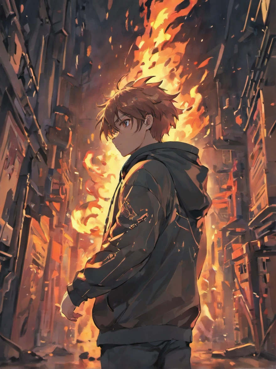 a man with a robotic right arm ,right arm in the fire, wearing hoodie, showing his back to viewer, standing, facing at his left without showing his face, wearing jeans