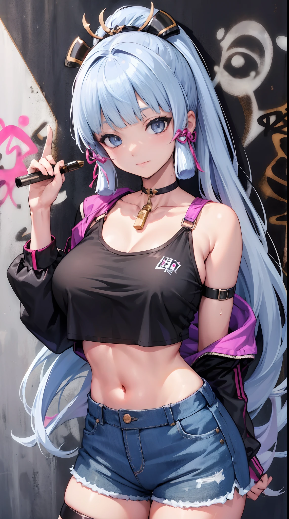 kamisato ayaka|genshin impact, master-piece, bestquality, 1girls,25 years old, oversized breasts, crop top, shorts jeans, oversized breasts, ,bara, crop top, shorts jeans, choker, (Graffiti:1.5), Splash with purple lightning pattern., arm behind back, against wall, View viewers from the front., Thigh strap, Head tilt, bored, water eyes,