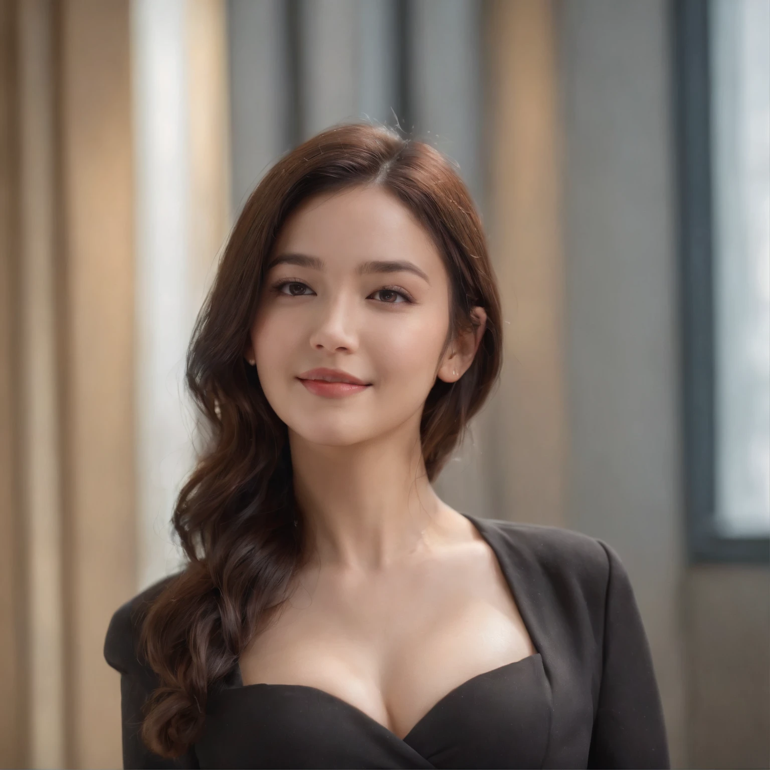 Masterpiece , A girl , modernity , lite smile , Detailed face , Best quality 1.2), Ultra-detailed, 8K UHD,, Soft lighting, High quality, filmgrain, Beautiful lighting,, (Cinematic:1.4) ,Perfect body , Best illumination, Best shadow, Sharpness, masterpiece, best quality, arms behind head, dusk, realistic, photo, real, girl, hair over shoulder, absurdres, black hair, seductive smile, black eyes, breasts, business_suit, Pregnant