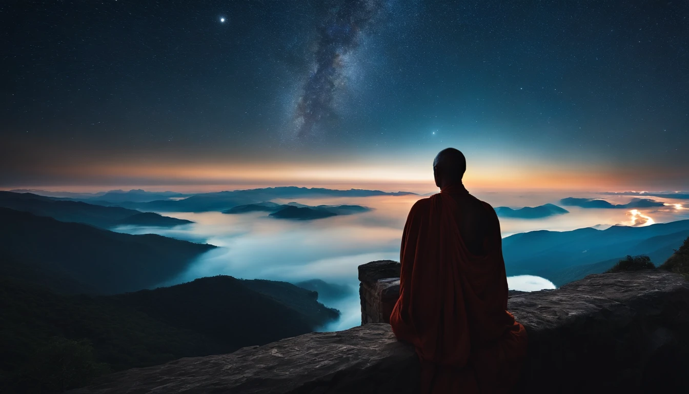 The sky is as cool as water at night,Sit back and watch Altair Vega watch, buddhist monk