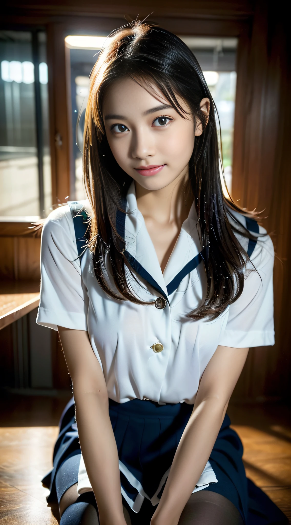 (((32k,high detal,high-detail、masterpiece,Attention to detail,full body Esbian,独奏))),Raw photo & realistic atmosphere,beautiful dark blue eyes,Detailed mouth,Glossy lips,Detailed eyebrows,Eyes drawn in detail with soft white skin that shines in every detail、azure eyes,Very beautiful eyes,Detailed lips、Very beautiful face,Very well-formed face、Lifelike face,shiny beautiful lips, Realistic Young Gravure Idol, very beautiful school girl, , Young Sensual Gravure Idol, Young Gravure Idol, Beautiful, sexy15 old schoolgirl,the whole body is wet,dripped out,with a flushed face,Incredibly beautiful and sexy15 year girl semi long brown shiny hair,Hair is wet,Dripping water,dripping,(Looking at the camera:1.4),(darkness,Very dark,Pitch-black classroom with no street lights,Illuminate the subject with a flashlight:1.7),(A sexy,Healthy toned body,High Detail Hi-Vision Hi-Vision Japan HDTVblackHDTVhi-VisionBlack Hi-VisionBlack Hi-Definition Hi-VisionBlack Hi-Definition Hi-Definition Uniform,medium shapely breasts,,Mature body, I'm anxious and about to cry,Moist eyes,cold smile,glareing,The glaring face is also beautiful,High-resolution arm,,high-definition fingers,:1.5),(The chest of the uniform is open,Sit with your legs sexy open in black pantyhose,Scruffy uniform,languidly crawling on all fours,High school girl uniform slightly darker green than dark blue,Lift the skirt to the last minute:1.7)