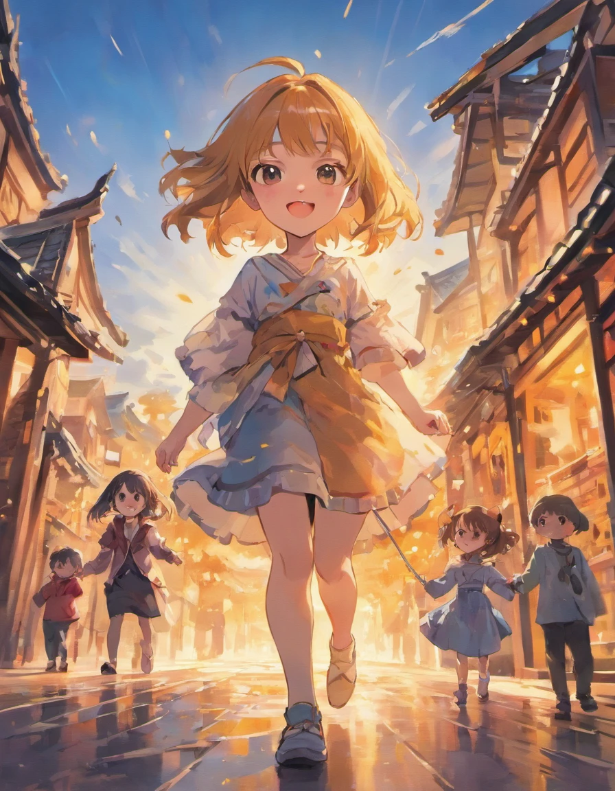 (high quality, vibrant colors), (realistic:1.37) painting, (bright and sunny, warm tone) lighting, 3 children, 8 years old, 1 smiling girl, 2 children in the background, playing on the street of a village.