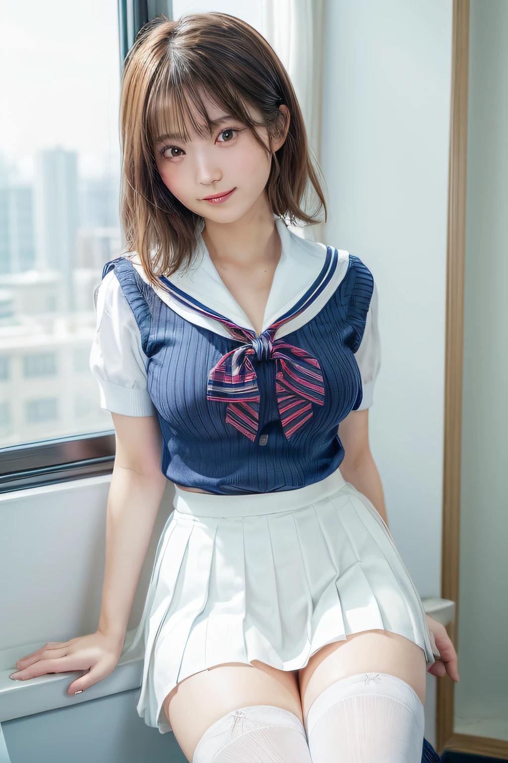 top-quality,ultra-detailliert,masterpiece,realisitic,Photo Real,Bright lighting,1 girl in, an extremely beautiful -yeld gi (kawaii:1.2),Thin smile, (Brown eyes),(brown haired),(bangss),perfect glossy skin,flawless skin,((erotick,Sexy and sexually explicit)),((accurate hands without incongruity)), large full breasts,big breasts thin waist, Look at viewers,((a sailor suit)),((Short sleeve uniform white shirt)),(red necktie),(Blue Mini Pleated Skirt),(((skirt lift by yourself))),(lifted by self),(Showing panties),panties on,panties focus,((Sit up,spread legswide)), sockes, (Black knee socks),(Loafer shoes), during daytime,On the train,Horizontal long seat with your back to the window、((a miniskirt、upturned ass、light skinned、kawaii、Embarrassing、Super beauty、Upturned、Get on all fours with your big butt sticking out towards the viewer、While staring at the viewer))