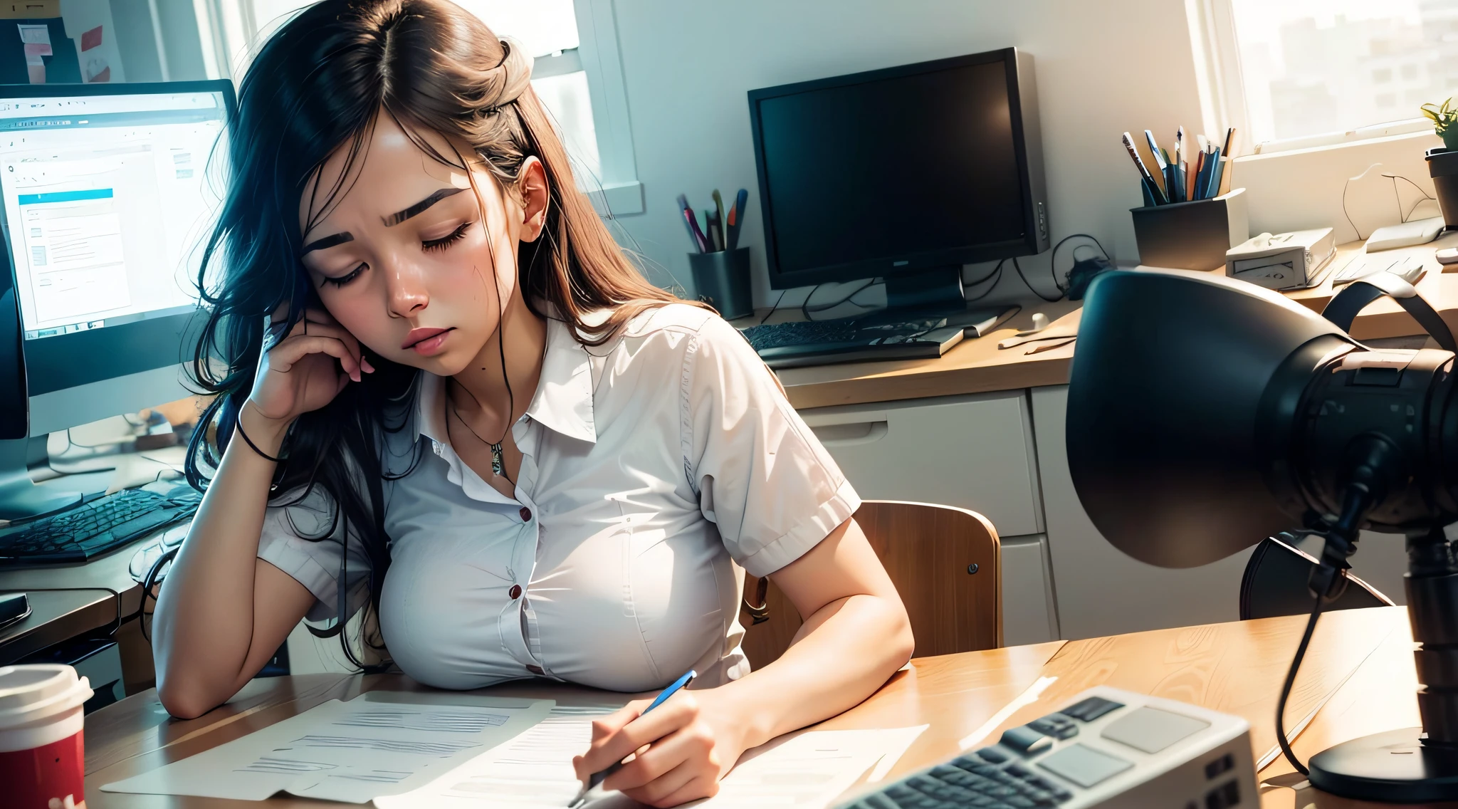 Female employee dozing off in office