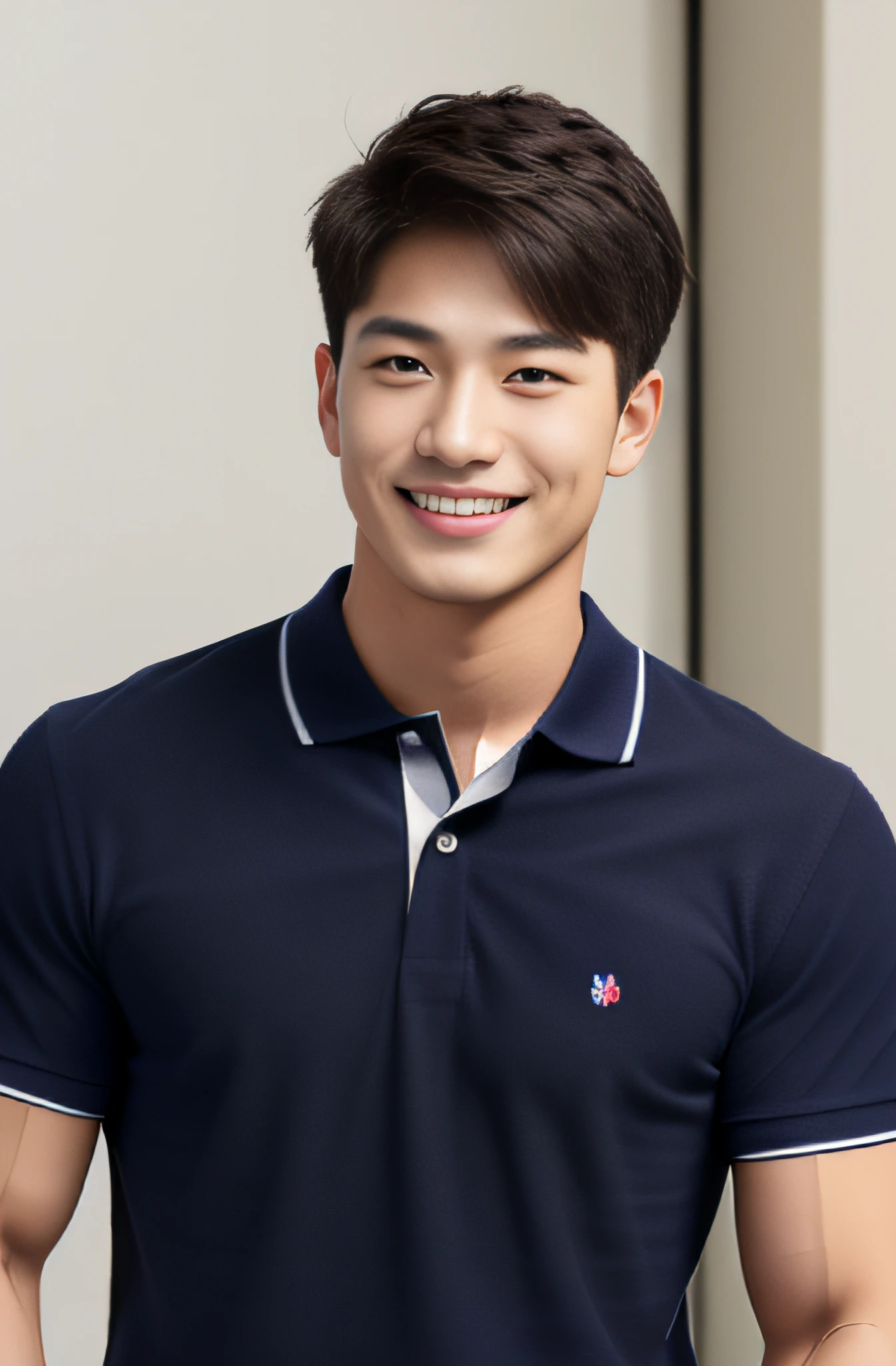 A handsome men ,20 age , Short Hair Hair, korea , Student，(((Wear a navy polo shirt without stripes....))), smile , front-view ,Pectoral muscles, Wide shoulders ,athlete , Upper body (1),  It's raining: 1.3, On the edge of high-rise buildings: 1.2, body dripping wet: 1.1,