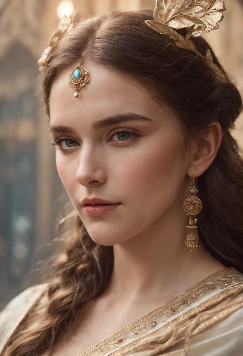(simetria: 1.1) (Retrato de Floral: 1.05) uma mulher de frente como uma bela (Artemis deusa), (Estilo Assassin's Creed: 0.8), with a bow studded with precious stones in his hand, esquema de cores rosa e dourado e opala, bela e intrincado pintura facial filegrid, intrincado, elegante, altamente detalhada, Pintura digital, arts station, arte conceitual, liso, foco nítido, 插圖, Arte de Greg Rutkowski e Alphonse Mucha, 8k