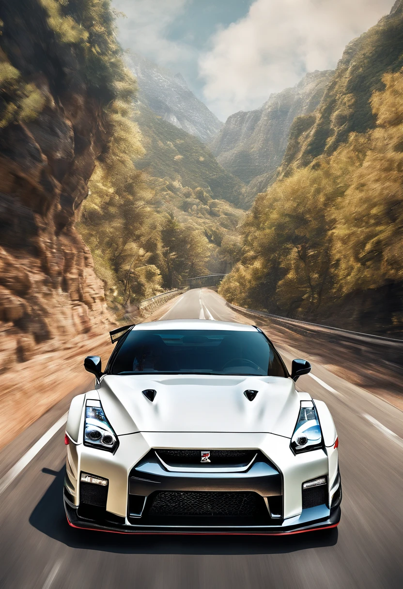 Capture the white color nissan gtr r-35, walk in motion on a scenic road, Masterpiece, realistic, hd, modified, nismo, hi performance, high speed, Don’t make photos too cartoony. Showing the integration between the car and the environment.
