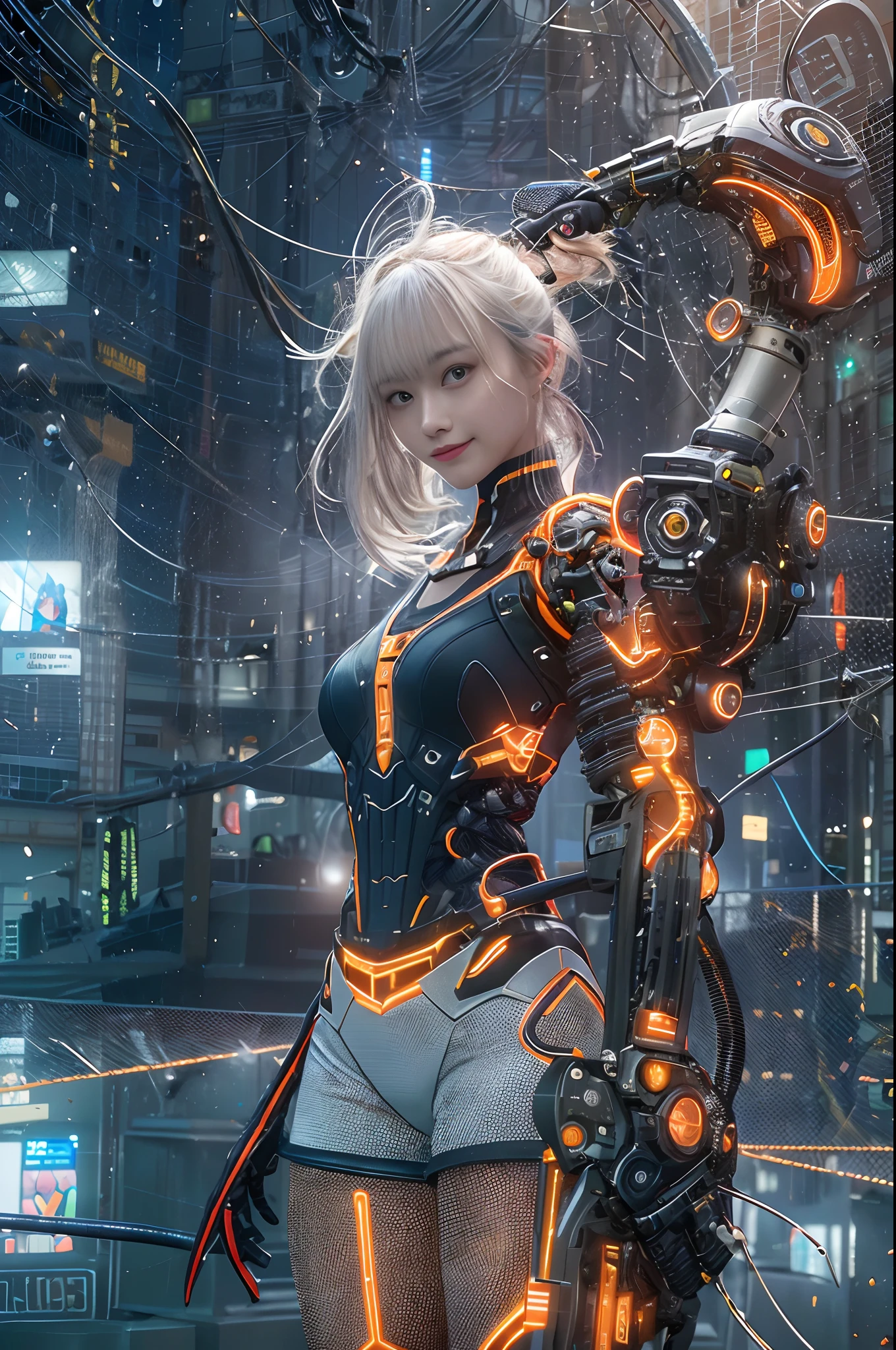 Cybernetic arm and glowing cyber girl,(J Women's Uniform,a sailor suit,White skirt,),Strenuous movements,Add a motion blur effect to simulate motion,Stand on a post-apocalyptic battlefield cityscape.Surrounded by a network of wires. Surrounded by a web of circuits. (Cyber Girl with Orange Glowing Sword:1.3), Shiny Silver Shorthair,disheveled ponytail,Cute smile,Perfect round face,Black eyes,A cheerful smile that makes the viewer happy,Proper body proportion,Intricate details,Very delicate and beautiful hair,photos realistic,Dreamy,Professional Lighting,realistic shadow,Solo Focus,Beautiful hands,Beautiful fingers,Detailed finger features,detailed clothes features,Detailed hair features,detailed facial features,(masutepiece,top-quality,Ultra-high resolution output image,) ,(The 8k quality,),