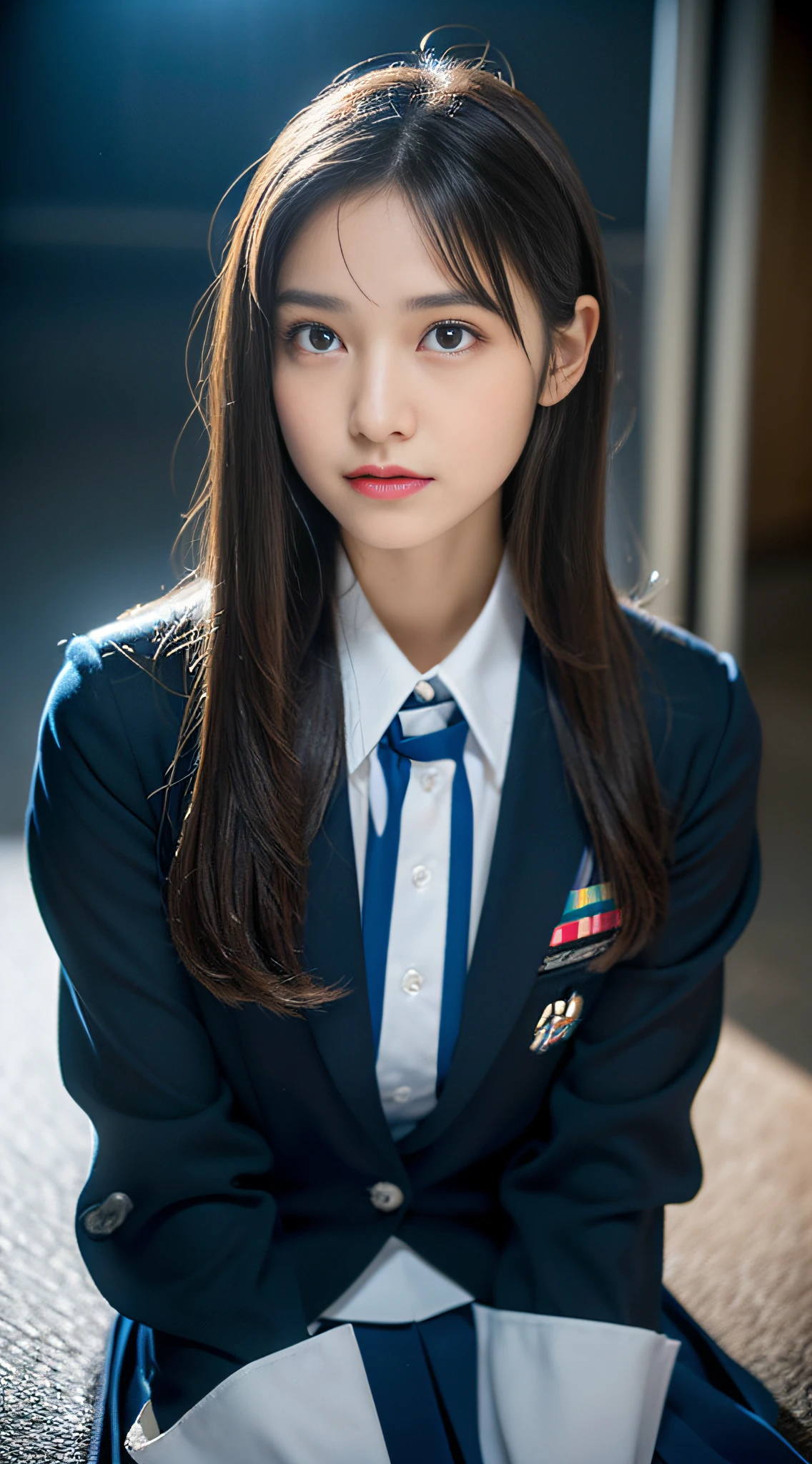 (((32ｋ,high detal,high-detail、​masterpiece,Attention to detail,full body Esbian,独奏))),Raw photo & realistic atmosphere,beautiful dark blue eyes,Detailed mouth,Glossy lips,Detailed eyebrows,Eyes drawn in detail with soft white skin that shines in every detail、azure eyes,Very beautiful eyes,Detailed lips、Very beautiful face,Very well-formed face、Lifelike face,shiny beautiful lips, Realistic Young Gravure Idol, very beautiful school girl, , Young Sensual Gravure Idol, Young Gravure Idol, Beautiful, Cute and sexy１5  old schoolgirl,the whole body is wet,dripped out,with a flushed face,Incredibly beautiful and sexy１5 year girl semi long brown shiny hair,Hair is wet,Dripping water,dripping,(Looking at the camera：1.4）,（darkness,Very dark,Pitch-black classroom with no street lights,Illuminate the subject with a flashlight：1.7）,（A sexy,Healthy toned body,High Detail Hi-Vision Hi-Vision Japan HDTVblackHDTVhi-VisionBlack Hi-VisionBlack Hi-Definition Hi-VisionBlack Hi-Definition Hi-Definition Uniform,medium shapely breasts,,Mature body, I'm anxious and about to cry,Moist eyes,cold smile,glareing,The glaring face is also beautiful,High-resolution arm,,high-definition fingers,：1.5）,（The chest of the uniform is sexily open,Sit with your legs open in black pantyhose,Scruffy uniform,languidly crawling on all fours,High school girl uniform slightly brighter than dark blue,Raise your skirt to the last minute：1.7）