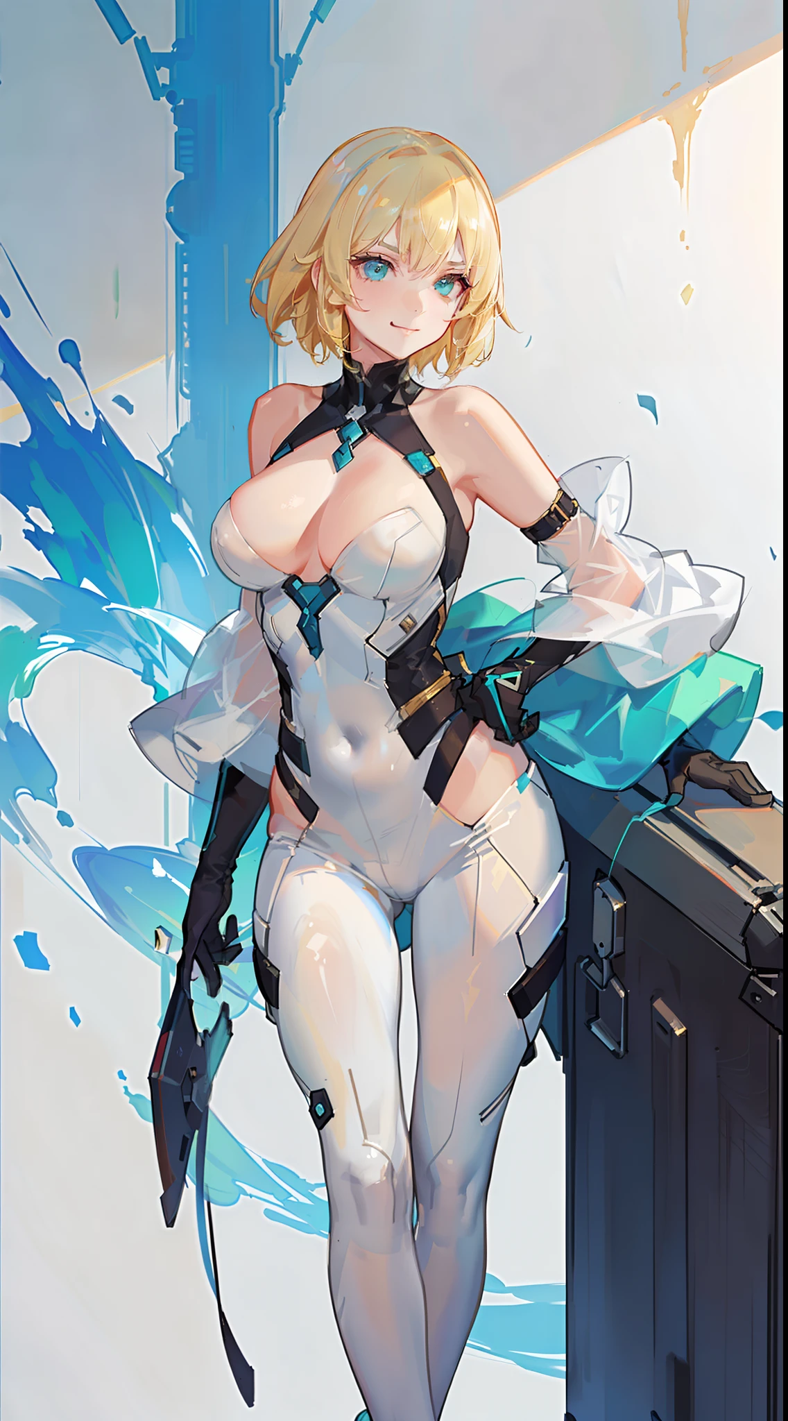 young girl, short blonde hair, turquoise eyes, smirk, white plugsuit, gold elements, open shoulders, Masterpiece, hiquality, 4k, HD, Good detail