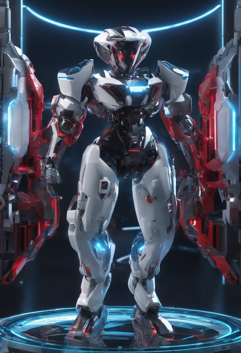 Gundam Mech （（Spider-Man Gwen）） Female body line，Light equipment，delicate constructions，Science fiction, Front view，Fighting posture,Come to the audience，Combat figures， sense of science and technology, C4D, OC renderer, illusory engine, high detal, industrial design, 8K HD, Studio lights,Futuristic city night scene(Best quality,4K,high resolution), Metallic color:Red and white，The pupils glow，Cat pattern design，Female body line，Female body design parts，patlabor