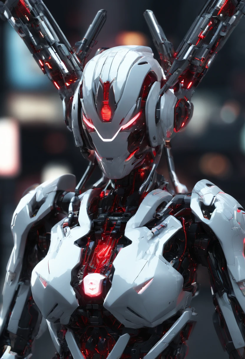 Gundam Mech （（Spider-Man Gwen）） Female body line，Light equipment，delicate constructions，Science fiction, Front view，Fighting posture,Come to the audience，Combat figures， sense of science and technology, C4D, OC renderer, illusory engine, high detal, industrial design, 8K HD, Studio lights,Futuristic city night scene(Best quality,4K,high resolution), Metallic color:Red and white，The pupils glow，Cat pattern design，Female body line，Female body design parts，patlabor