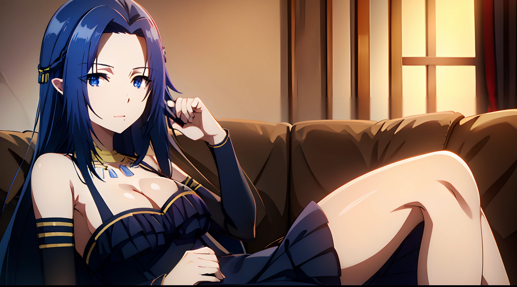 Blue hair,Dark Blue Eyes,sitting on dark sofa,one girl