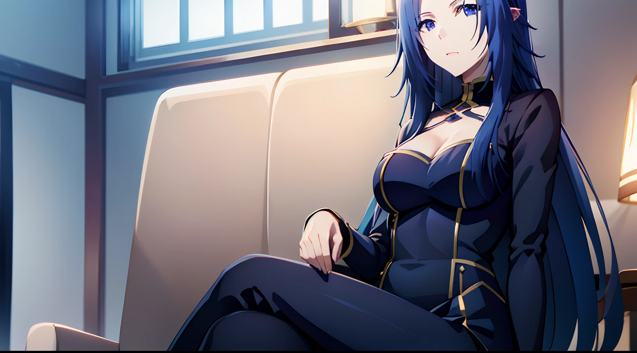 Blue hair,Dark Blue Eyes,sitting on dark sofa,one girl