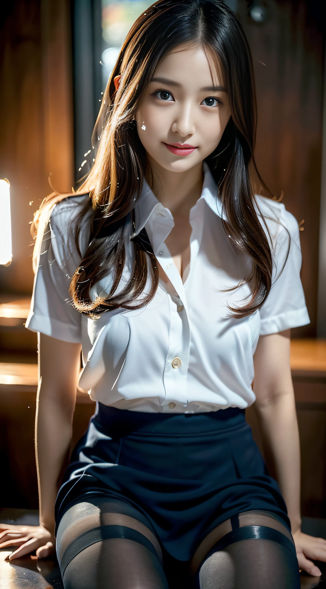 (((32k,high detal,high-detail、masterpiece,Attention to detail,full body Esbian,独奏))),Raw photo & realistic atmosphere,beautiful dark blue eyes,Detailed mouth,Glossy lips,Detailed eyebrows,Eyes drawn in detail with soft white skin that shines in every detail、azure eyes,Very beautiful eyes,Detailed lips、Very beautiful face,Very well-formed face、Lifelike face,shiny beautiful lips, Realistic Young Gravure Idol, very beautiful school girl, , Young Sensual Gravure Idol, Young Gravure Idol, Beautiful, Cute and sexy15 old schoolgirl,the whole body is wet,dripped out,with a flushed face,Incredibly beautiful and sexy15 year girl semi long brown shiny hair,Hair is wet,Dripping water,dripping,(Looking at the camera:1.4),(darkness,Very dark,Pitch-black classroom with no street lights,Illuminate the subject with a flashlight,spot light:1.7),(A sexy,Healthy toned body,High Detail Hi-Vision Hi-Vision Japan HDTVblackHDTVhi-VisionBlack Hi-VisionBlack Hi-Definition Hi-VisionBlack Hi-Definition Hi-Definition Uniform,medium shapely breasts,,Immature body, I'm anxious and about to cry,Moist eyes,cold smile,glareing,The glaring face is also beautiful,High-resolution arm,,high-definition fingers,:1.5),(The chest of the uniform is sexily open,Sit with your legs open in black pantyhose,Scruffy uniform,Sloppily opening the crotch:1.7)