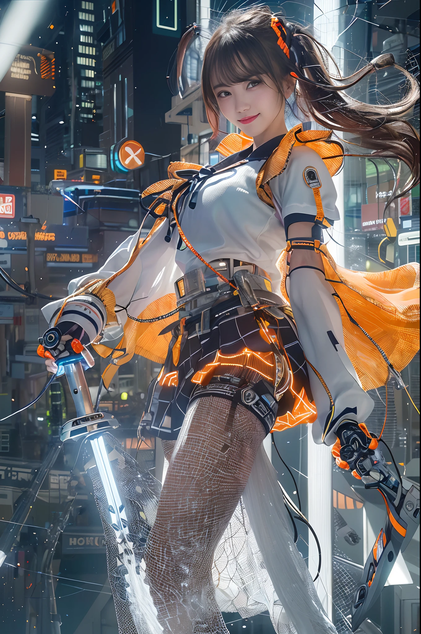 Cybernetic arm and glowing cyber girl,(J Women's Uniform,a sailor suit,White skirt,),Strenuous movements,Add a motion blur effect to simulate motion,Stand on a post-apocalyptic battlefield cityscape.Surrounded by a network of wires. Surrounded by a web of circuits. (Cyber Girl with Orange Glowing Sword:1.3), Shiny Silver Shorthair,disheveled ponytail,Cute smile,Perfect round face,Black eyes,A cheerful smile that makes the viewer happy,Proper body proportion,Intricate details,Very delicate and beautiful hair,photos realistic,Dreamy,Professional Lighting,realistic shadow,Solo Focus,Beautiful hands,Beautiful fingers,Detailed finger features,detailed clothes features,Detailed hair features,detailed facial features,(masutepiece,top-quality,Ultra-high resolution output image,) ,(The 8k quality,),