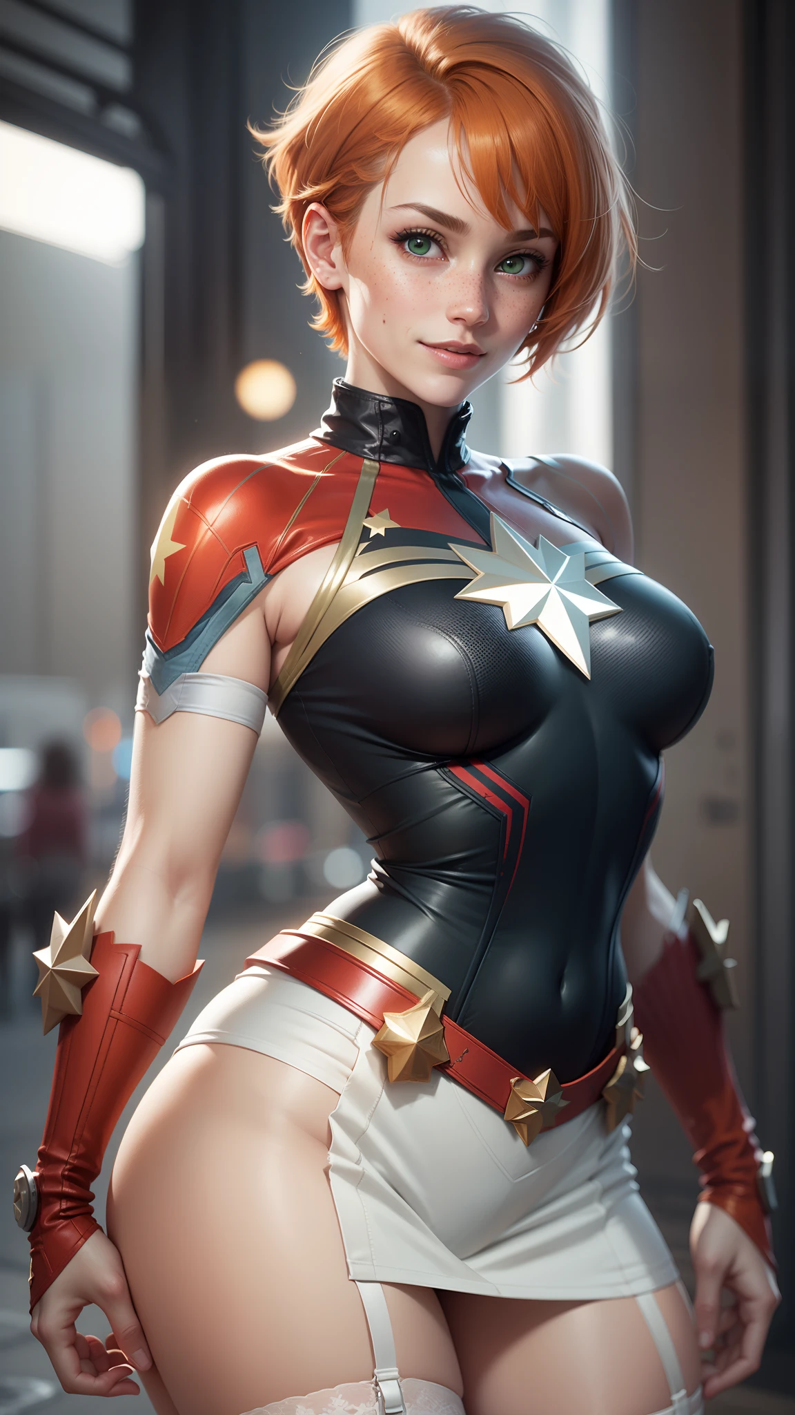 gwen tennyson,tracer,yorha 2b,rebecca chambers,captain marvel,pilot uniform, teenager, green eyes,garter belt,striped underwear,short hair,river,orange hair,shy smile,ginger,white striped top,denim micro skirt,freckles,beautiful girl,stockings,large breasts,ultra detailed,realistic,