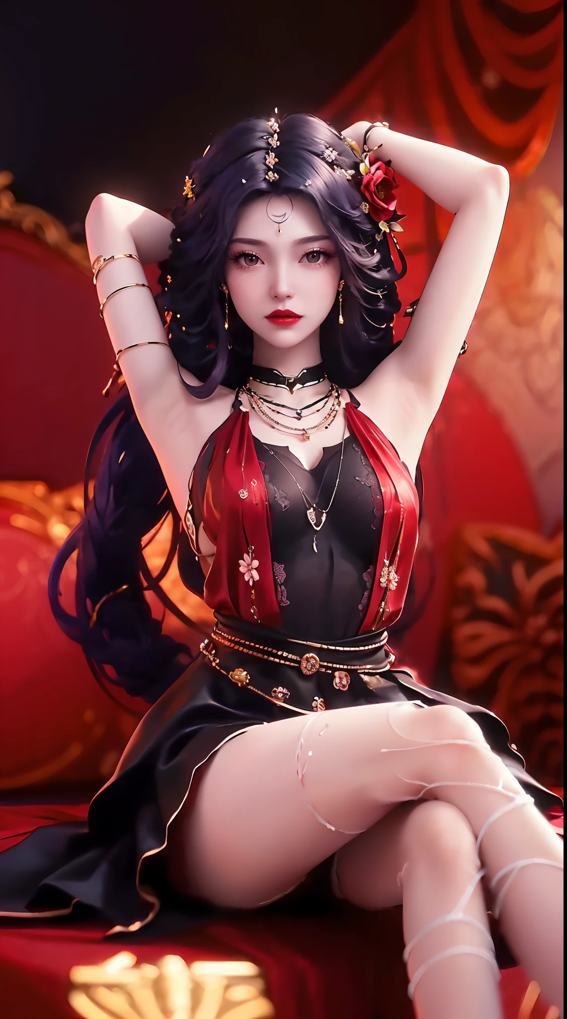 1 beautiful and sexy 20 year old girl, ((wearing a super thin red dress:1.6)), a dress with diamonds, ((long black purple hair:1.6)), bangs, jewelry elaborately made from precious stones and beautiful hair, ((wearing a black lace necklace:1.4))), the noble, noble style of an extremely beautiful girl, her small face is super cute, her face is very pretty, thin eyebrows, flawless beautiful face, ((black eye pupils: 0.8)), very beautiful eyes, ((black eyes: 1.6)), nice makeup and hair detailed eyelashes, steamy eye makeup, high nose, earrings, red lips, ((closed mouth: 1;5 )) beautiful lips, slim hands, most beautiful thighs, ((arms spread out to the sides: 1.5) ), rosy face, clean face, flawless beautiful face, smooth white skin, (big breasts: 1.5)), ((high breasts: 1.6) ), tight breasts, beautiful cleavage, (((big breasts and super round: 1.8))), ((super tight breasts: 1.7)) , beautiful breasts, perfect body, back arms, chest out, thin black mesh stockings with black lace trim, (((sitting position, lean back and lean your arms behind you:1.5))), ((chest up position: 1.5)), don't be shy, 8k photo, super high quality, super realistic, super 10x pixels, optical, bright studio, bright edges, dual-tone lighting, (high-detail skin:1.2), super 8k, soft lighting, high quality, volumetric lighting, photorealistic, photorealistic high resolution, lighting, best photo, 4k, 8k quality, blur effect, smooth sharp, 10 x pixel, ((red flower background:1.5)), aurora, lightning, super graphics realistic, most realistic graphics, alone, solo, Extremely sharp image, surreal, (((frontal portrait: 1.6)))."