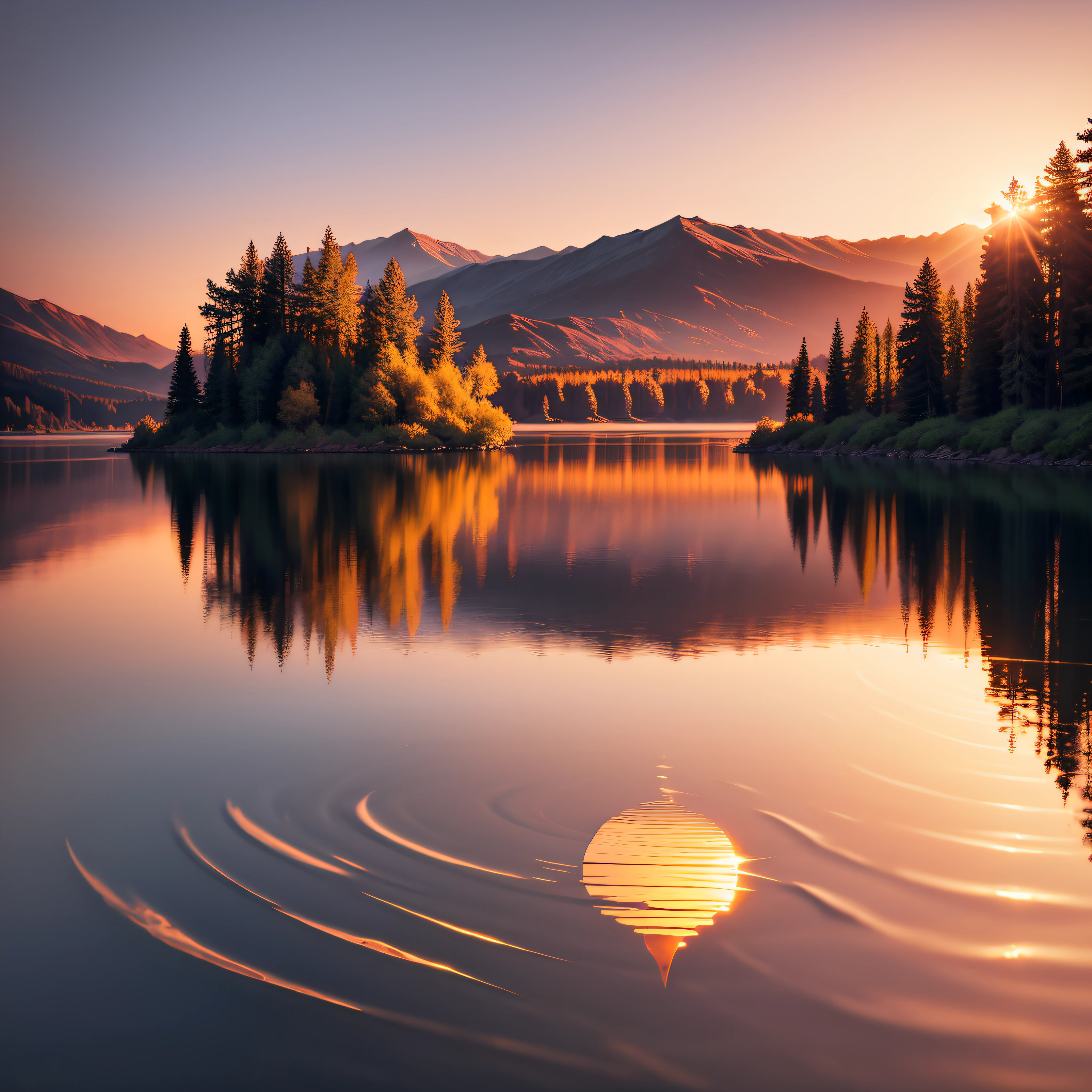 Sunset Reflected on a Lake:
A calm lake reflecting the warm hues of a beautiful sunset.