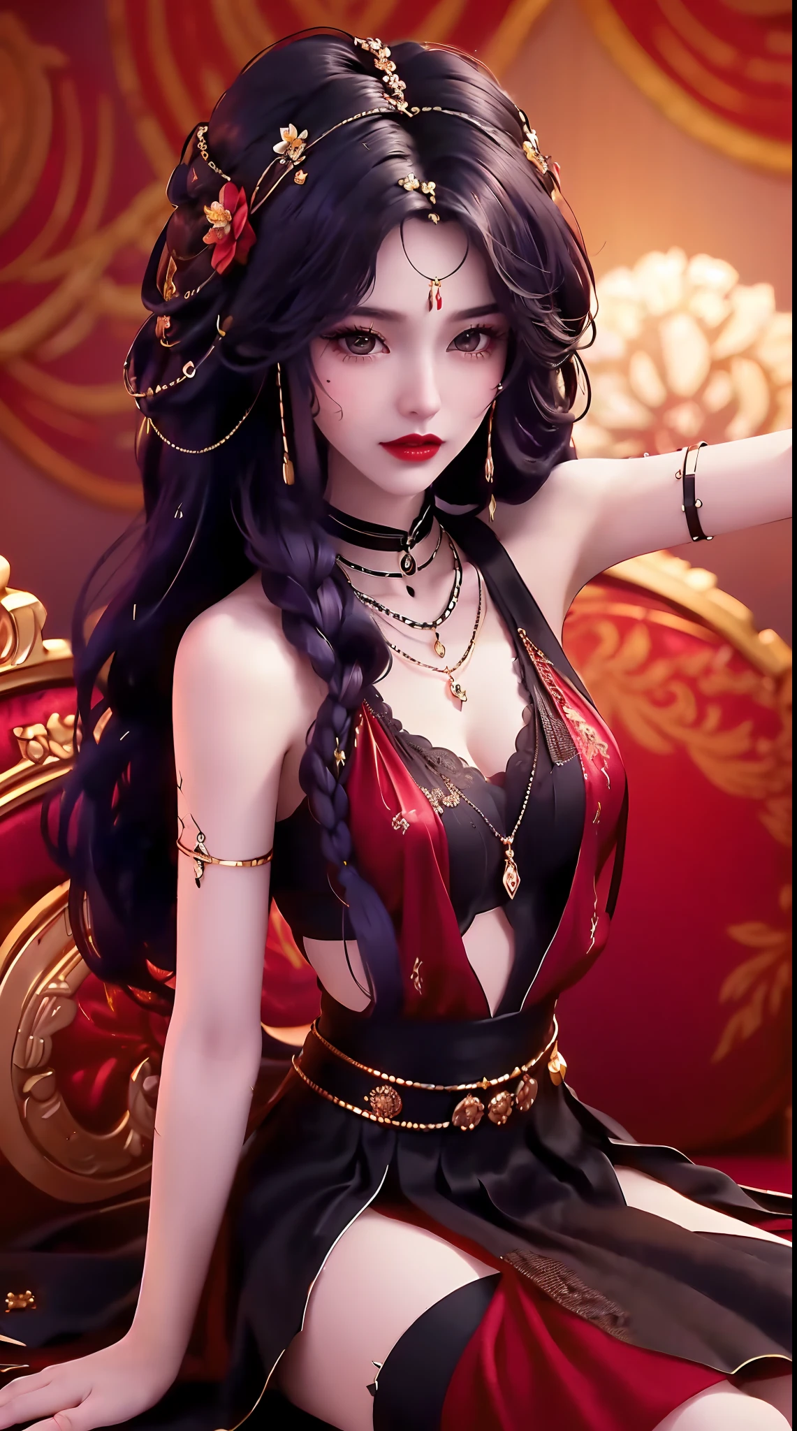 1 beautiful and sexy 20 year old girl, ((wearing a super thin red dress:1.6)), a dress with diamonds, ((long black purple hair:1.6)), bangs, jewelry elaborately made from precious stones and beautiful hair, ((wearing a black lace necklace:1.4))), the noble, noble style of an extremely beautiful girl, her small face is super cute, her face is very pretty, thin eyebrows, flawless beautiful face, ((black eye pupils: 0.8)), very beautiful eyes, ((black eyes: 1.6)), nice makeup and hair detailed eyelashes, steamy eye makeup, high nose, earrings, red lips, ((closed mouth: 1;5 )) beautiful lips, slim hands, most beautiful thighs, ((arms spread out to the sides: 1.5) ), rosy face, clean face, flawless beautiful face, smooth white skin, (big breasts: 1.5)), ((high breasts: 1.6) ), tight breasts, beautiful cleavage, (((big breasts and super round: 1.8))), ((super tight breasts: 1.7)) , beautiful breasts, perfect body, back arms, chest out, thin black mesh stockings with black lace trim, (((sitting position, lean back and lean your arms behind you:1.5))), ((chest up position: 1.5)), don't be shy, 8k photo, super high quality, super realistic, super 10x pixels, optical, bright studio, bright edges, dual-tone lighting, (high-detail skin:1.2), super 8k, soft lighting, high quality, volumetric lighting, photorealistic, photorealistic high resolution, lighting, best photo, 4k, 8k quality, blur effect, smooth sharp, 10 x pixel, ((red flower background:1.5)), aurora, lightning, super graphics realistic, most realistic graphics, alone, solo, Extremely sharp image, surreal, (((frontal portrait: 1.6)))."