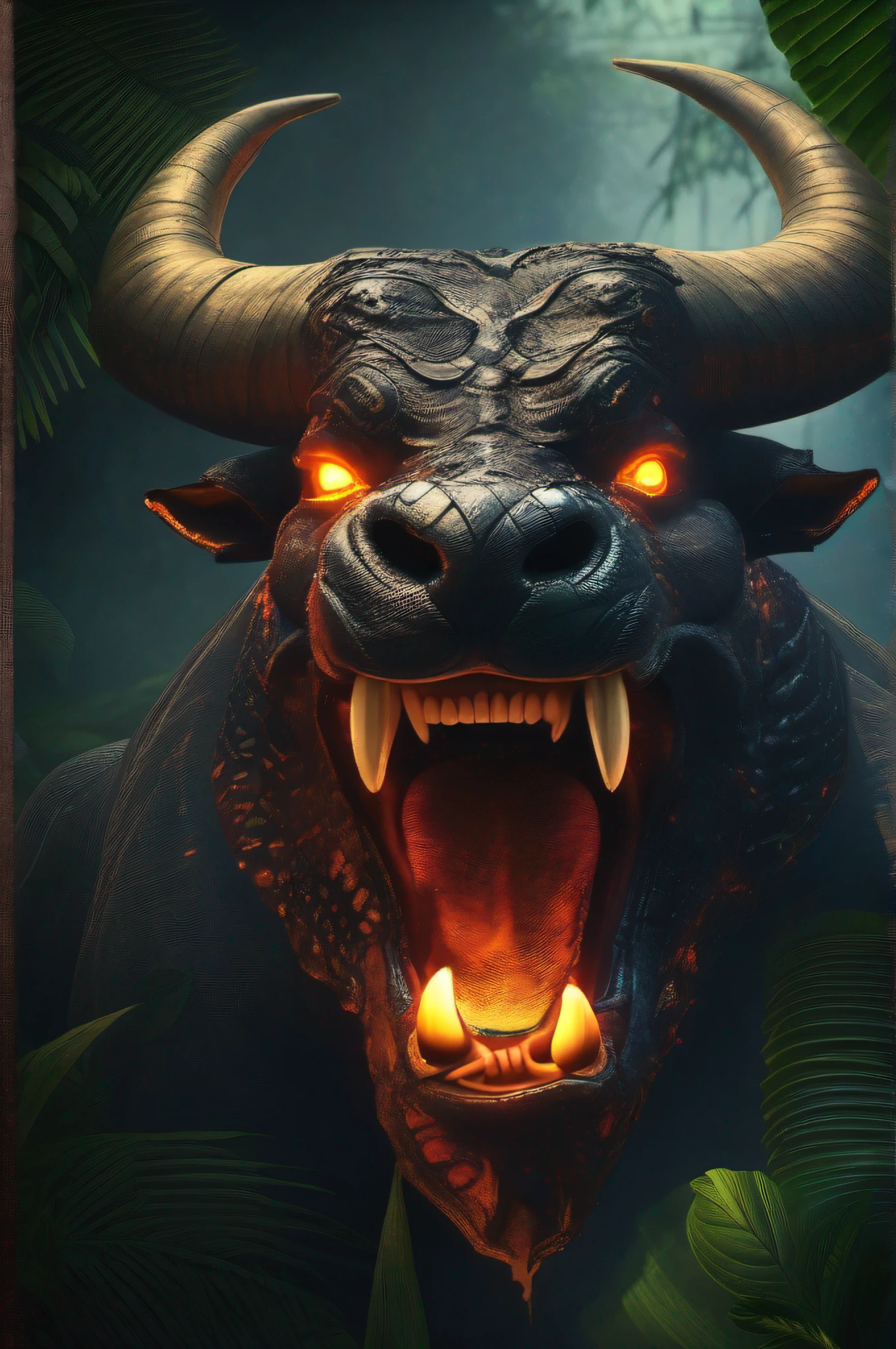 Amazon Jungle, the creature Boitatá, flaming eyes, a bull with huge horns and covered in snake skin, fire comes out of its nostrils, dark atmosphere