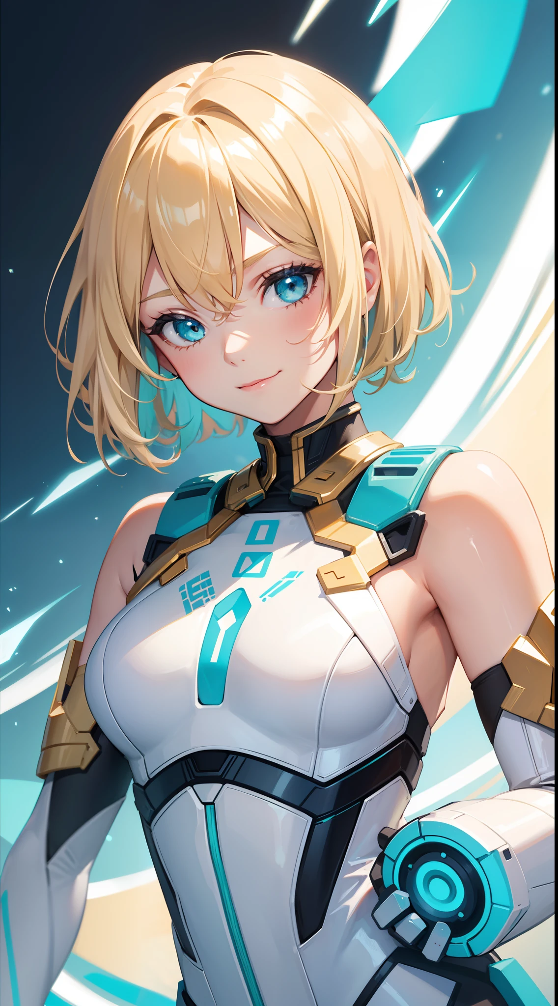 young girl, short blonde hair, turquoise eyes, smirk, White Plug Suit, Gold Elements, open shoulders, Masterpiece, hiquality, 4k, HD, Good detail