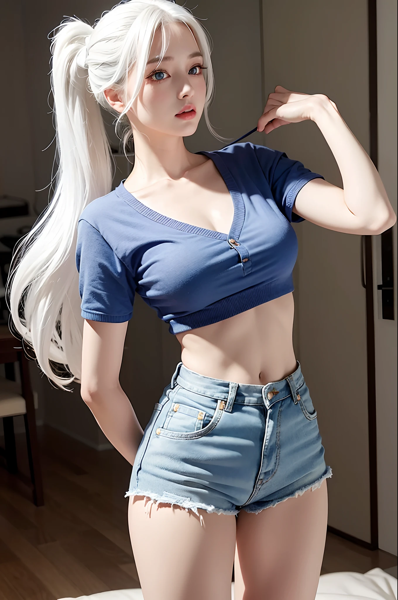 Realistic, high resolution, 1 girl, ponytail white hair, korean, blue eyes, shirt, skinny denim shorts, mid-chest, thin waist, thighs