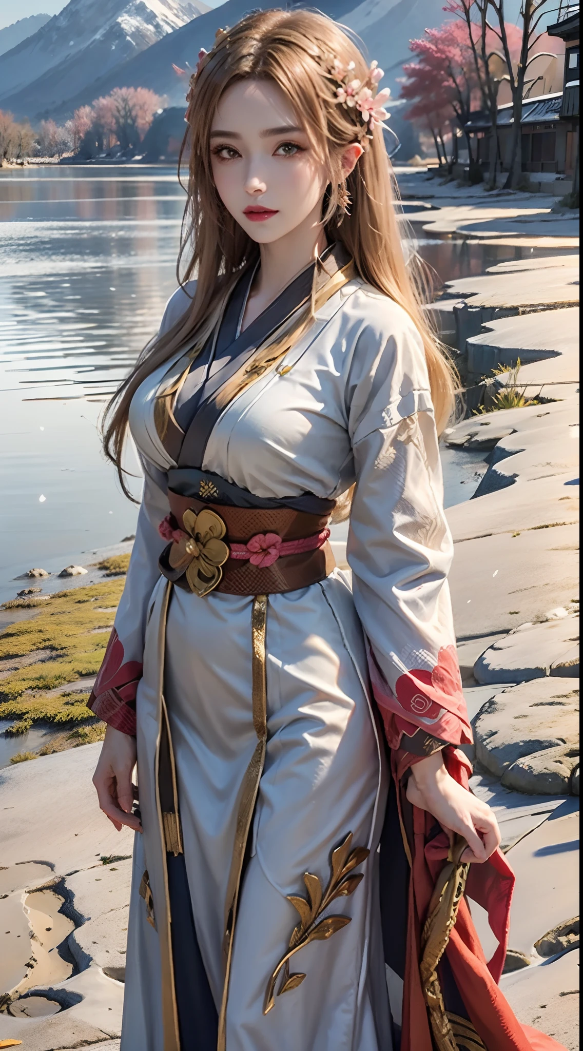 asuna, masterpiece, best quality, detailed, (1girl), solo, detailed golden eyes, long hair, standing, close to viewer, (detailed kimono), light smile, medium breasts,  (arms behind back), water, sunset, (hair ornament), (Sakura bloom),  snow mountain lake in the background