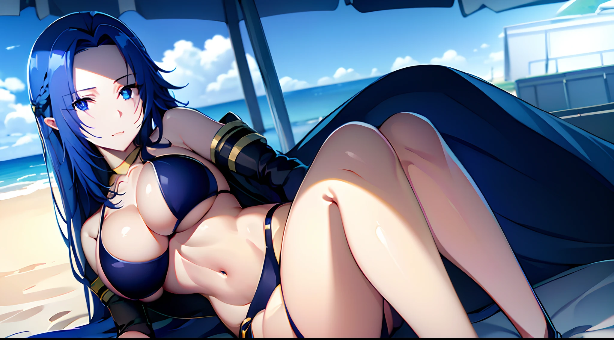 Blue hair,Dark Blue Eyes,,bikini,on the beach