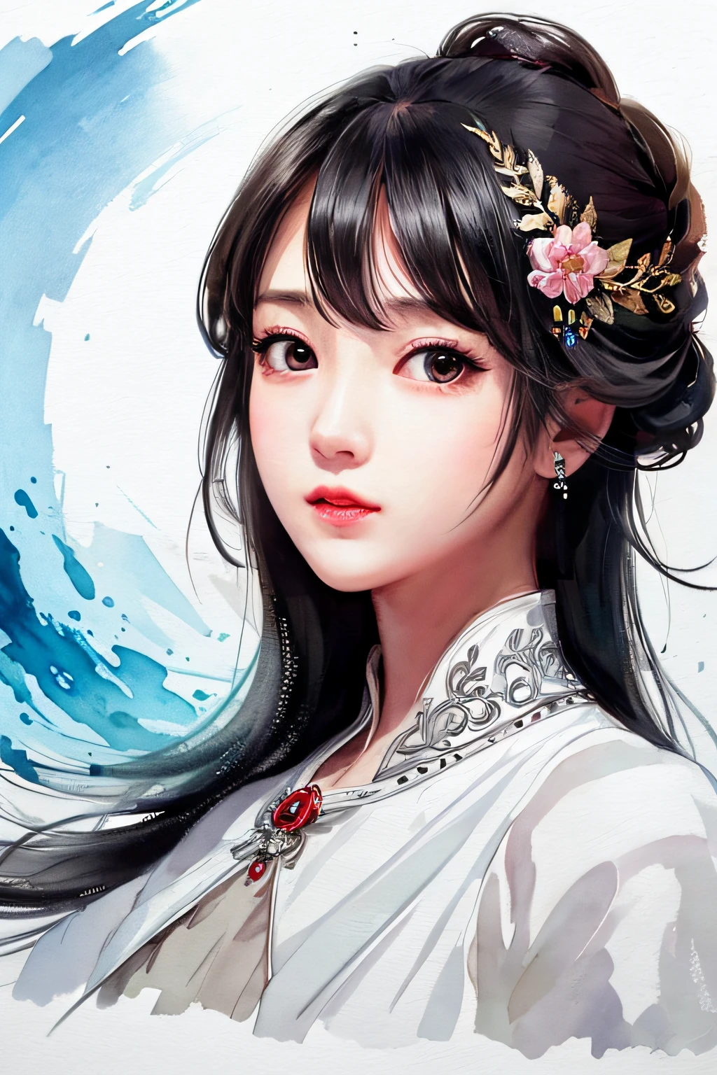 stechu,(white background:1.4), ((tachi-e)), original,(illustration:1.1),(best quality),(masterpiece:1.1),(extremely detailed CG unity 8k wallpaper:1.1), (colorful:0.9),(panorama shot:1.4),(solo:1.2), (ink splashing),(color splashing),((watercolor)), clear sharp focus,{ 1girl standing },((korean style )),flower background,outdoors,rocks, looking at viewer, make happy expressions,soft smile,pure,beautyfull detailed face and eyes,beautyfull intricacy clothing decorative pattern details, black hair,black eyes,colorwater